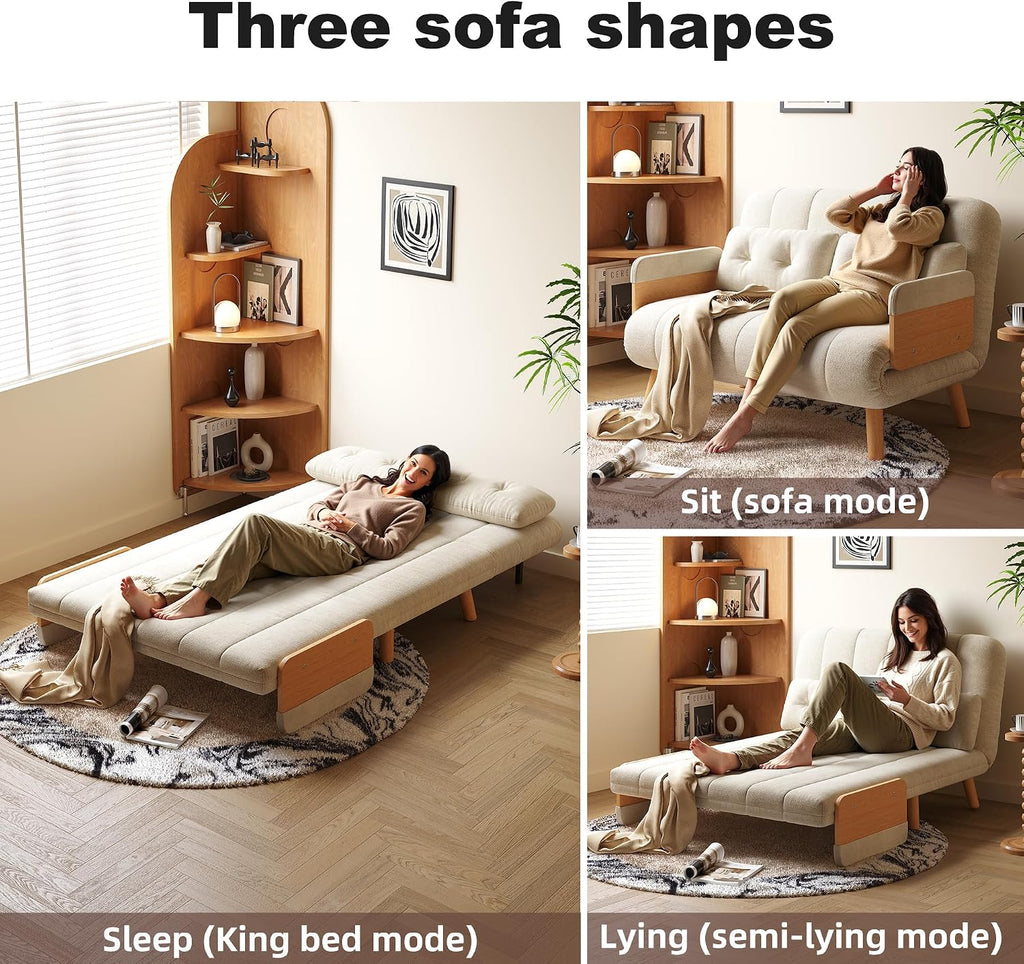 Convertible Chair Bed, Futon Sofa Bed Sleeper Chair with Solid Wood Leg and Storage Pocket, Linen Fabric Sofa Couch Guest Bed for Living Room, Bedroom, Office, Apartment (43.31)