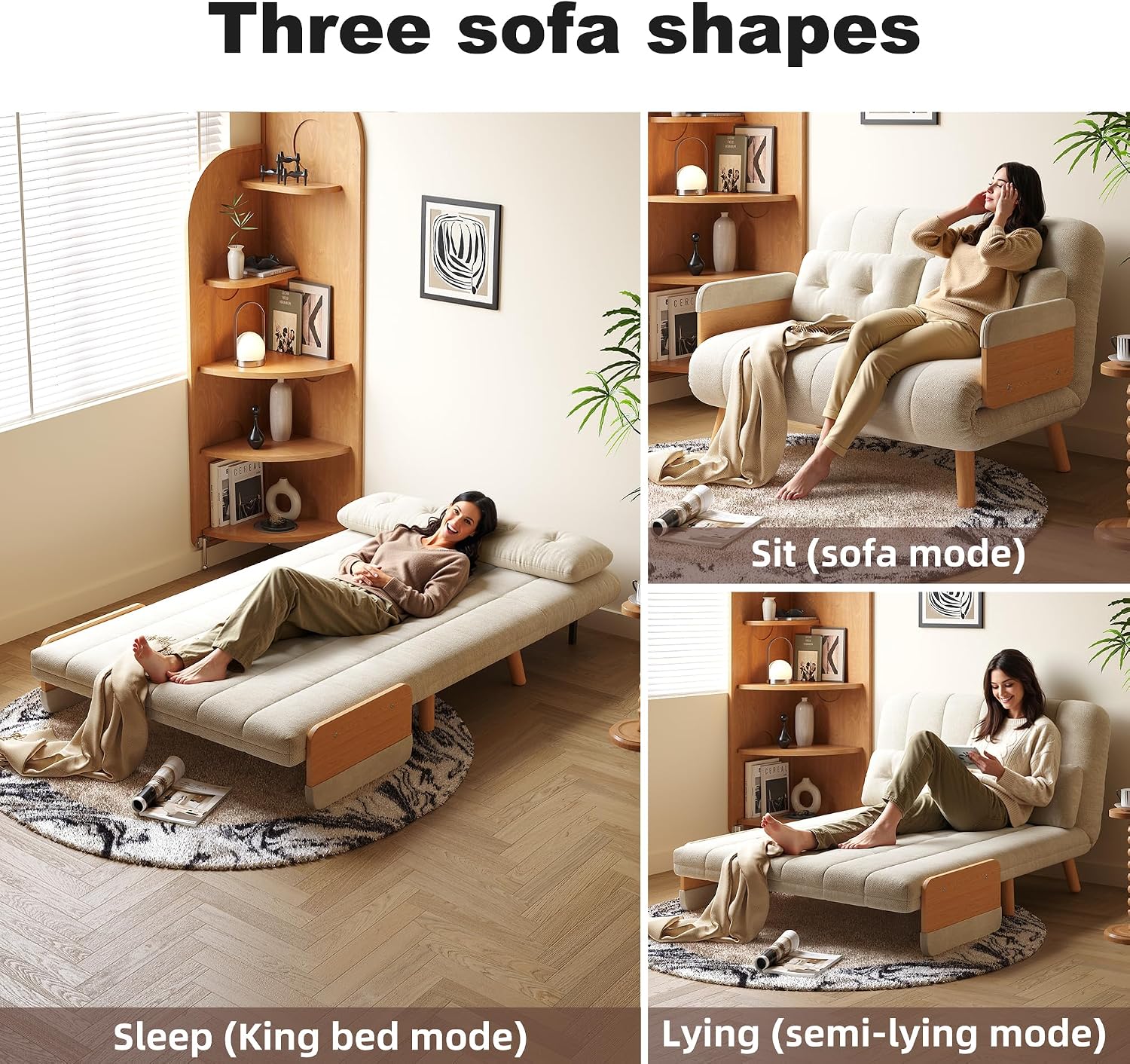 Convertible Chair Bed, Futon Sofa Bed Sleeper Chair with Solid Wood Leg and Storage Pocket, Linen Fabric Sofa Couch Guest Bed for Living Room, Bedroom, Office, Apartment (43.31)