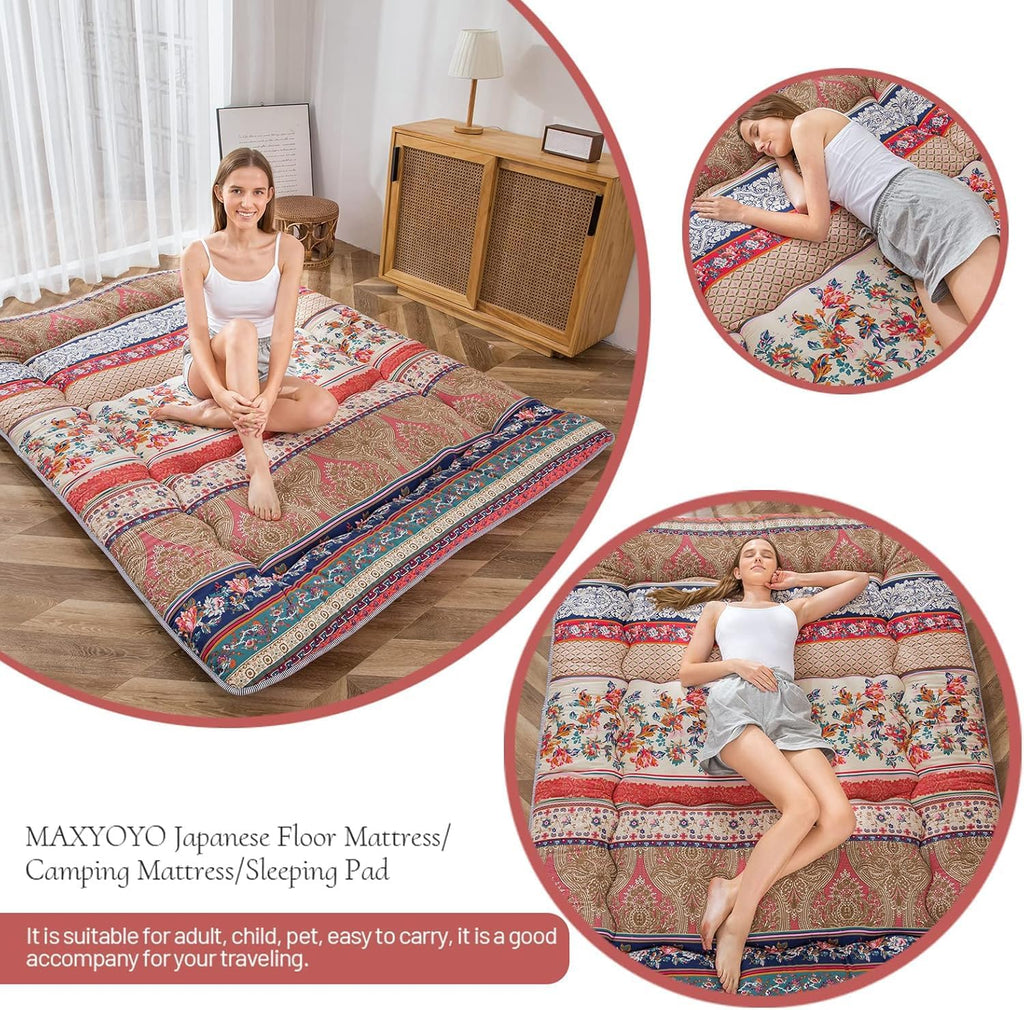MAXYOYO Bohemian Retro Floor Mattress Vintage Floral Japanese Futon Mattress Roll Up Thicken Sleeping Mat Portable Camping Mattress Floor Lounger Couch Mattress Pad, Full Size