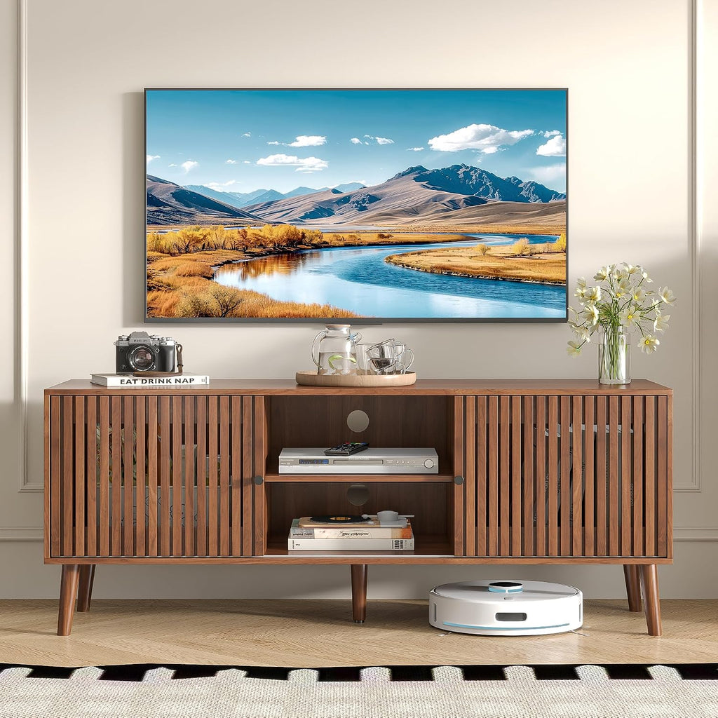 Oubayajia Mid Century Modern TV Stand for Televisions up to 60 Inches, with Sliding Doors and Storage, Television Stands, TV Consoles, Media Consoles for Living Room(Walnut-51.2inch)
