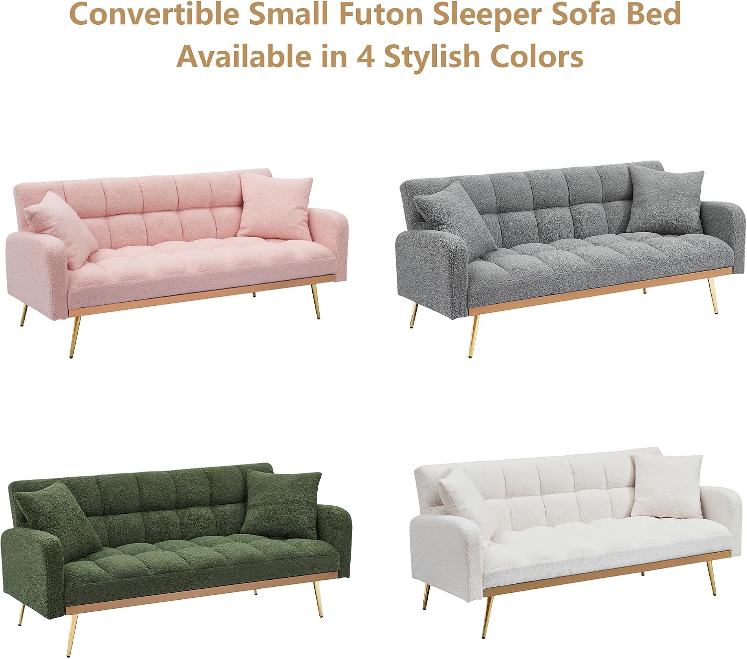 Teddy Futon Sofa Bed,69' Modern Small Love Seat Couch for Small Spaces,Convertible Tufted Sleeper Sofa Loveseat Couch Bed with Gold Metal Legs for Living Room,Bedroom,Apartment (Teddy Pink)