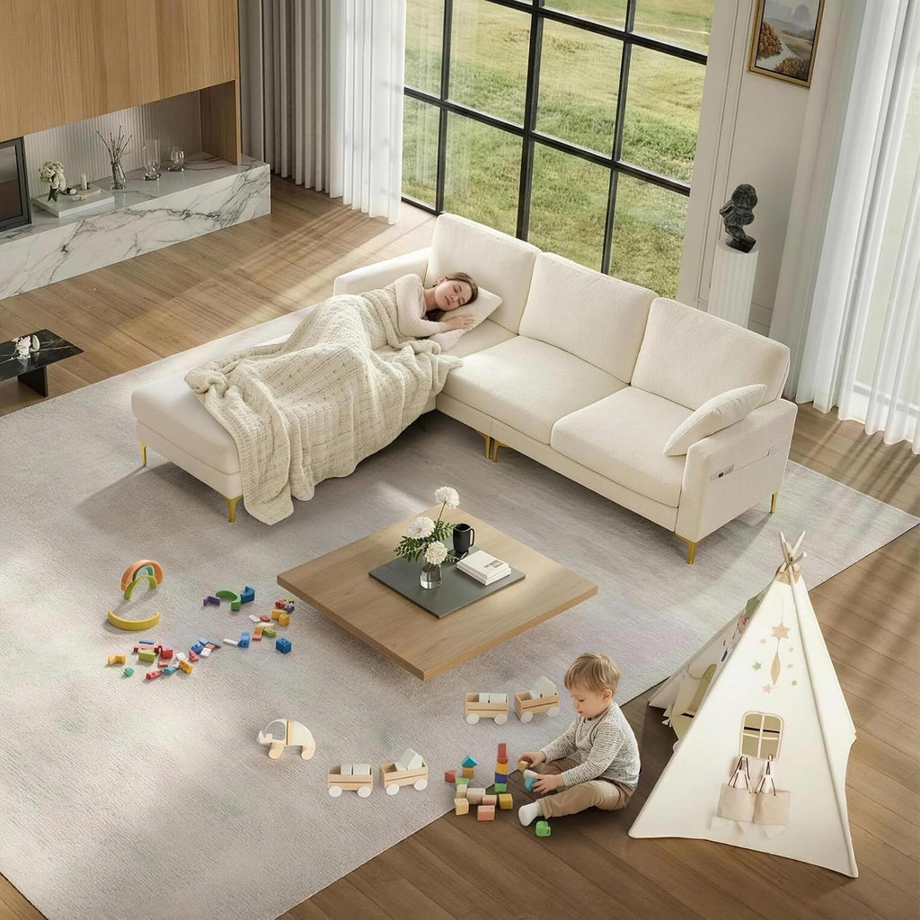 VINGLI 100' W U Shaped Couch with Ottoman, 22' Deep Seat Comfortable Sectional Couches for Living Room, 3 Seater Chenille Fabric Cloud Sofa for Apartment, Small Spaces, Bedroom, Beige