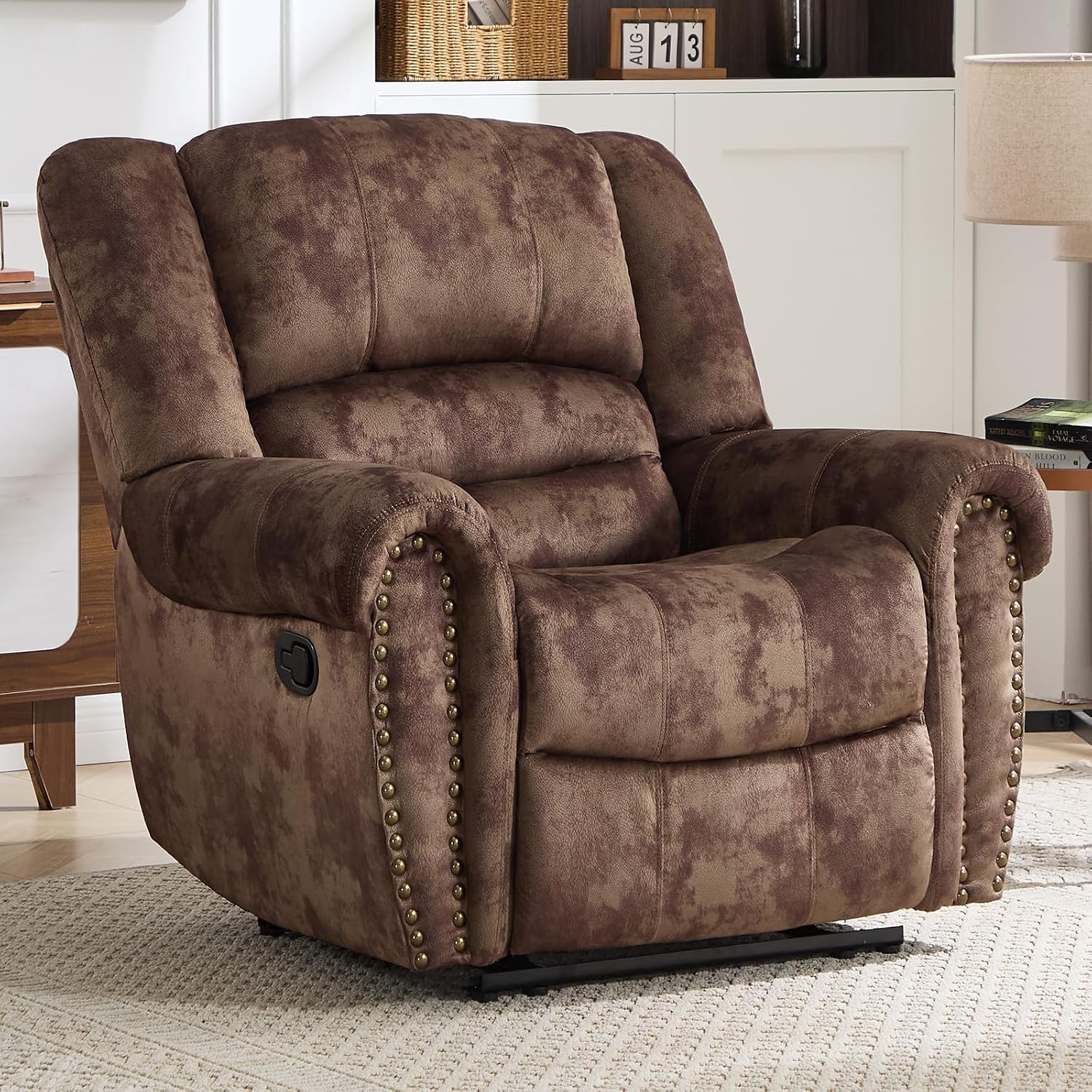 CANMOV Manual Recliner Chair, Classic and Traditional Fabric Recliner Chair with Comfortable Arms and Back Single Sofa for Living Room, Chocolate Brown
