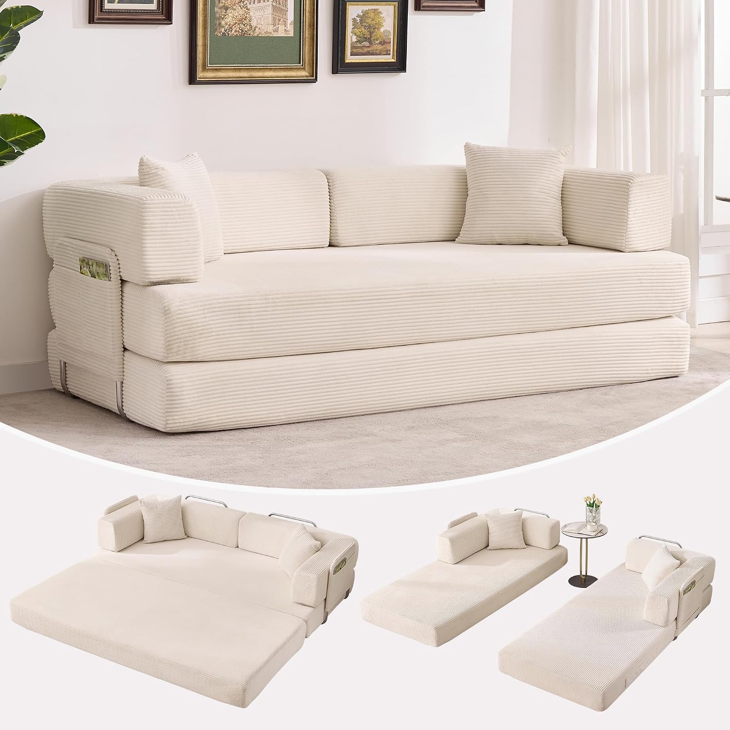 Garvee 5-in-1 Convertible Sofa Bed, 78.8' Modular Corduroy Sleeper with Sturdy Frame & No Assembly, Multi-Functional Futon for Small Space, Living Room & Guest Room (Green) (Beige)
