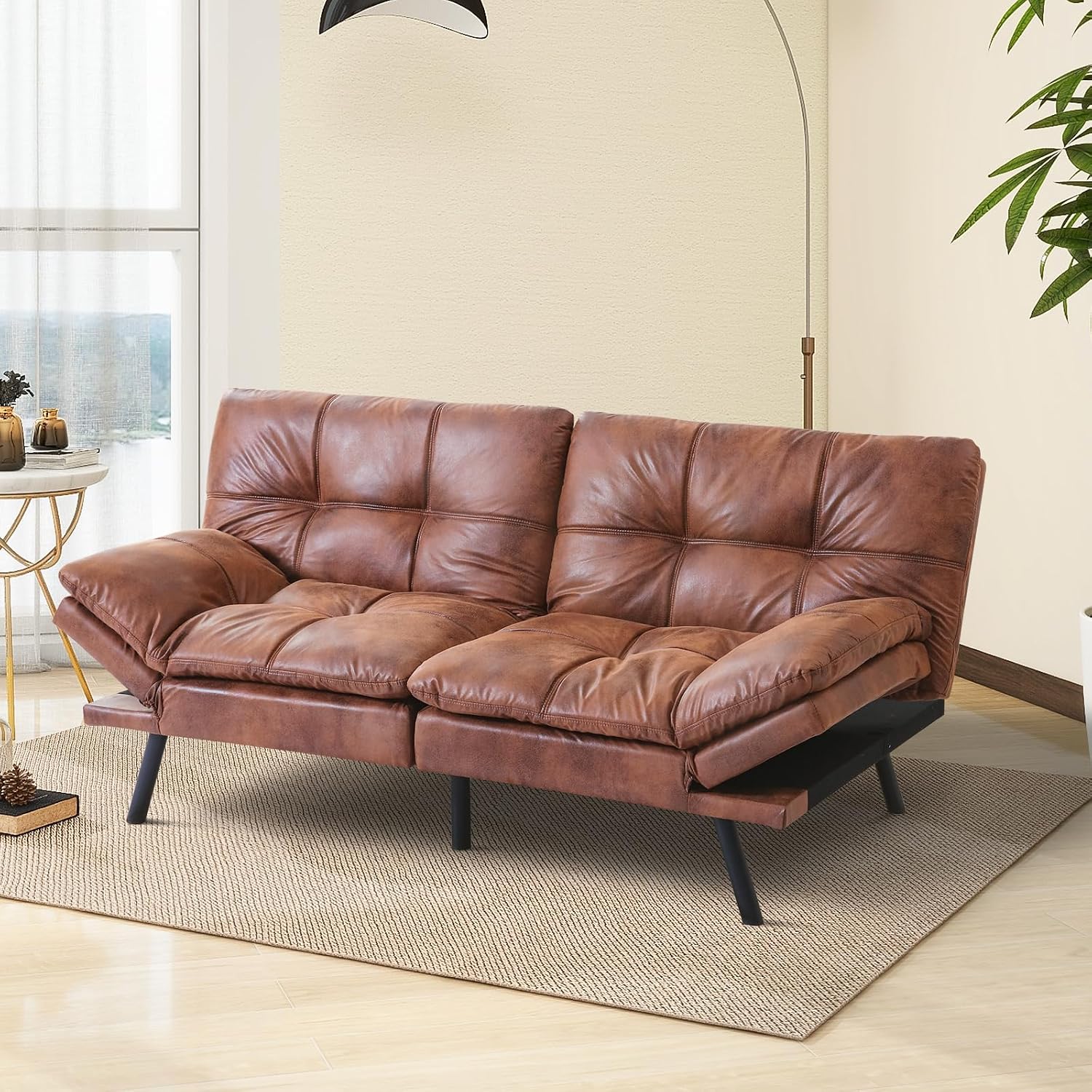 Futon Sofa Bed Convertible Couch,Memory Foam Futon Sofa Couch,Sleeper Futons Sofa Couches,Small Splitback Modern Loveseat Sofa Bed for Living Room,Office,Apartment,Faux Leather,Brown.