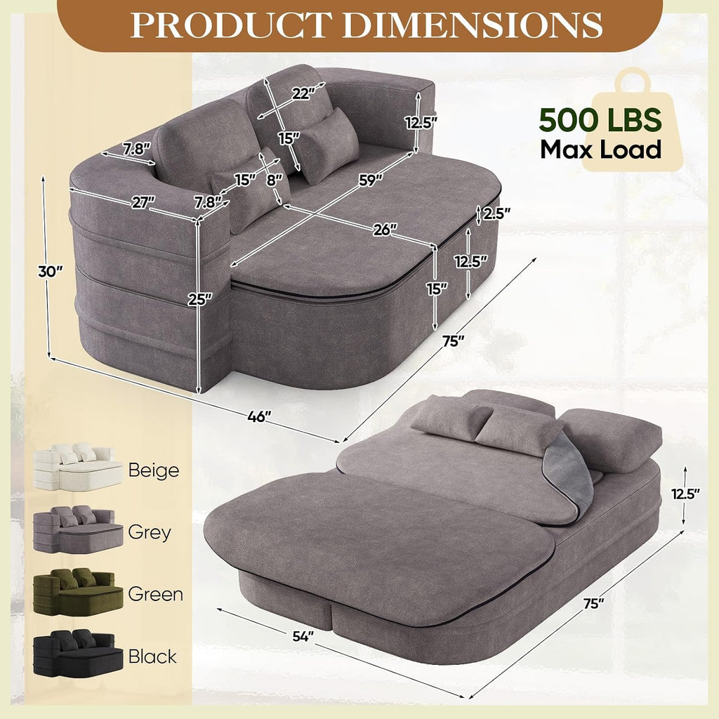 Antetek Convertible Sleeper Sofa, Modern Folding Futon Chenille Floor Foam Compression Loveseat Sofa Bed Couch, Foldable Full Size Guest Bed with 4 Pillows for Living Room Bedroom Apartment, Grey