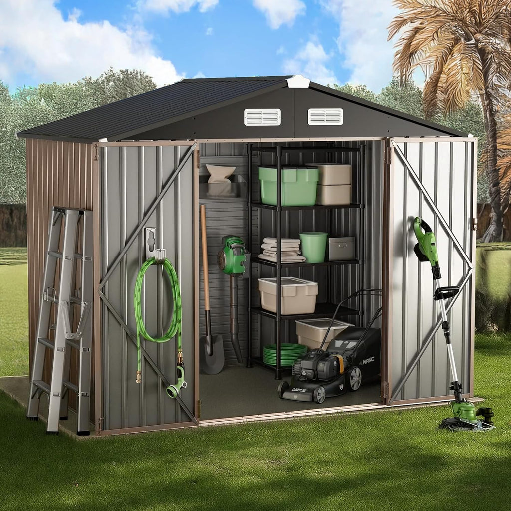 GVDV 8x6 FT Full Size Outdoor Metal Storage Shed with Floor, Durable Garden Shed with Reinforced Sidewall Girts & Updated Frame Structure, All-Weather Shelter for Backyard, Patio, Tool, Bike Storage