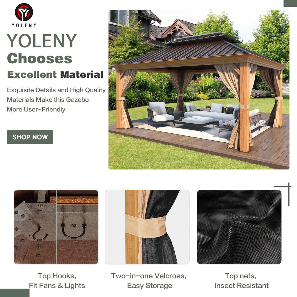 YOLENY 12' x 14' Hardtop Gazebo, Wooden Finish Coated Aluminum Frame Gazebo with Galvanized Steel Double Roof, Outdoor Permanent Metal Pavilion with Curtains and Nettings for Patio, Lawn & Garden