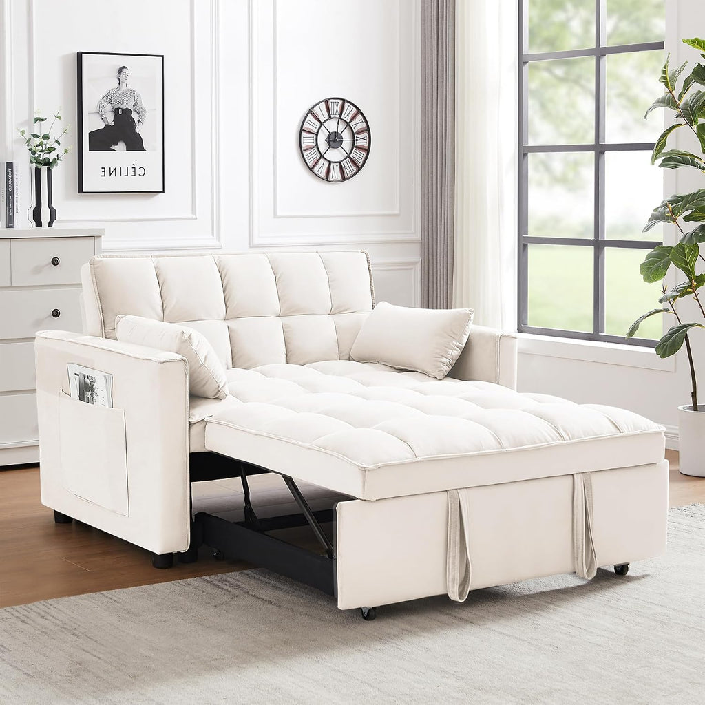 Oversized 3-in-1 Convertible Sleeper Sofa Bed, Futon Couch with Pullout Bed, 2-Seater Loveseat Sofa w/Pockets, Adjustable Backrest and Pillows for Living Room Apartment (White-55inch)