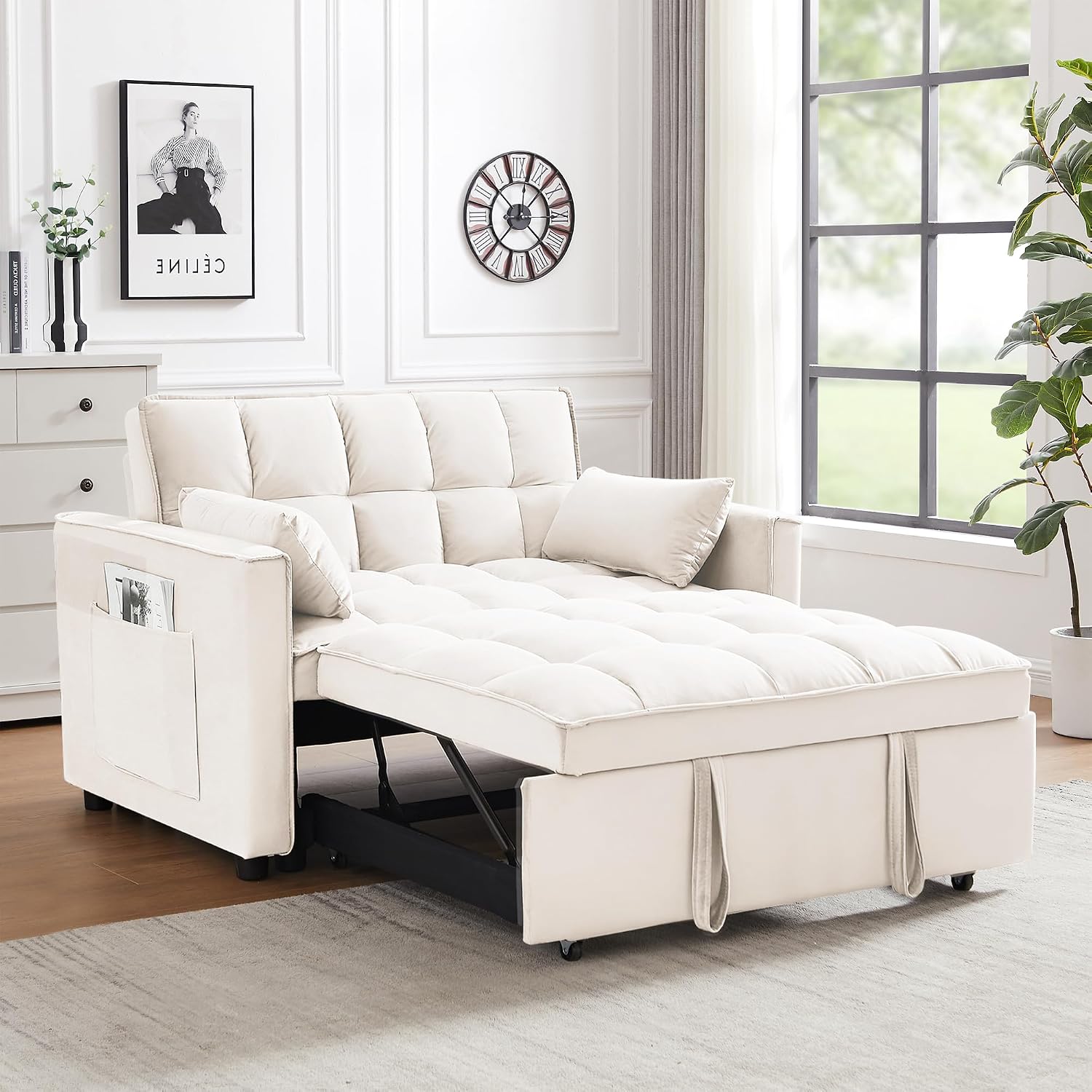 Oversized 3-in-1 Convertible Sleeper Sofa Bed, Futon Couch with Pullout Bed, 2-Seater Loveseat Sofa w/Pockets, Adjustable Backrest and Pillows for Living Room Apartment (White-55inch)
