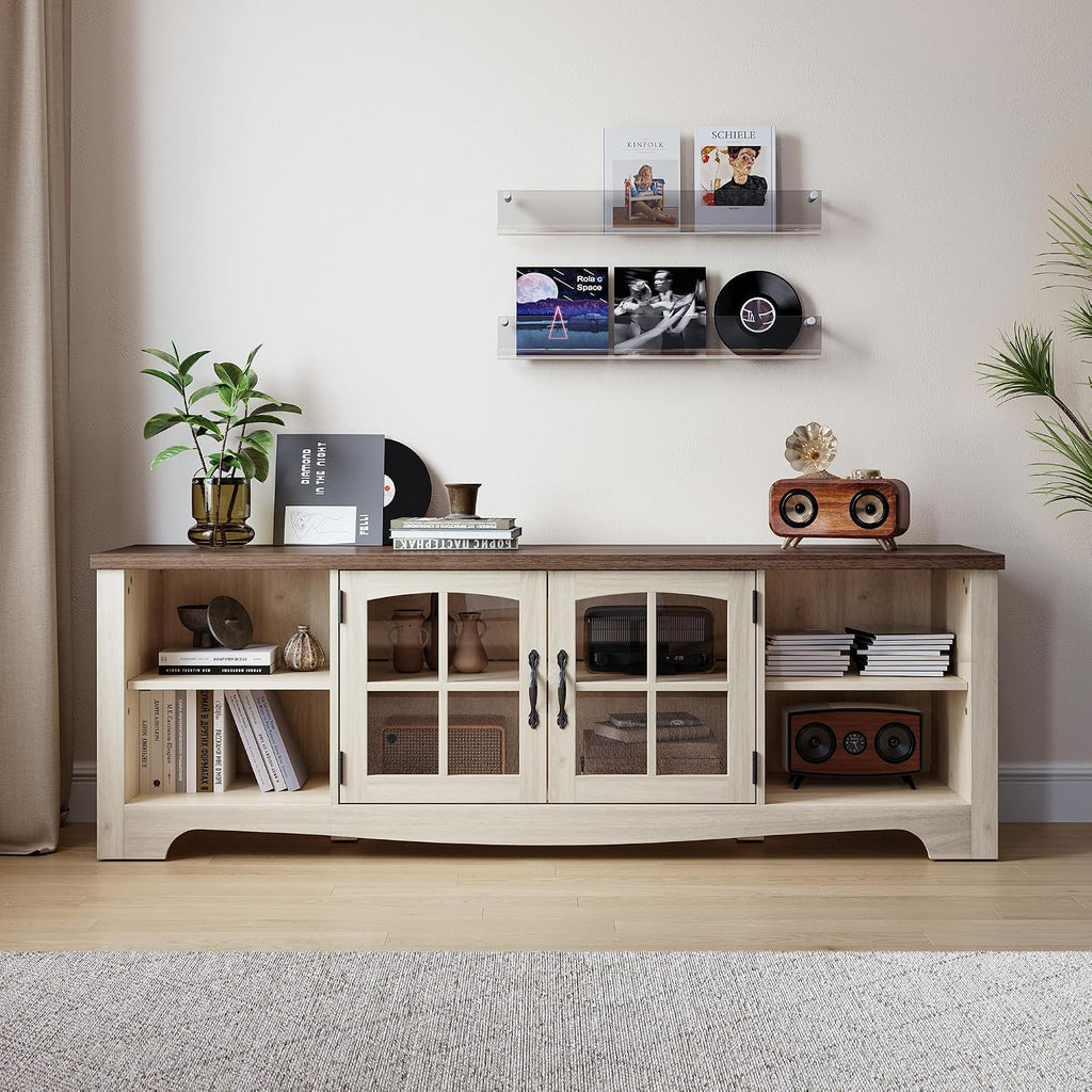 LINSY HOME TV Stand for 75 Inch TV, Modern Farmhouse Entertainment Center with Storage Cabinets and Glass Doors, Tall Media Console Table for Living Room, Bedroom, Large Long Television Stand, Beige