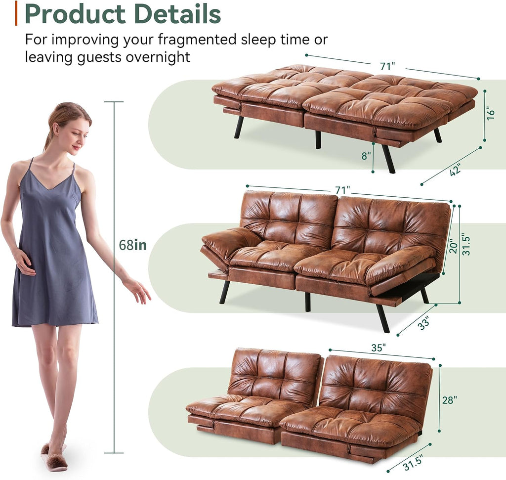 Opoiar 71' L Covertible Futon Sofa Bed,Faux Leather Futon Couch, Memory Foam Modern Loveseat Sleeper, Small Splitback Sofa Couches for Living Room,RV,Home Office,Apartment,Brown