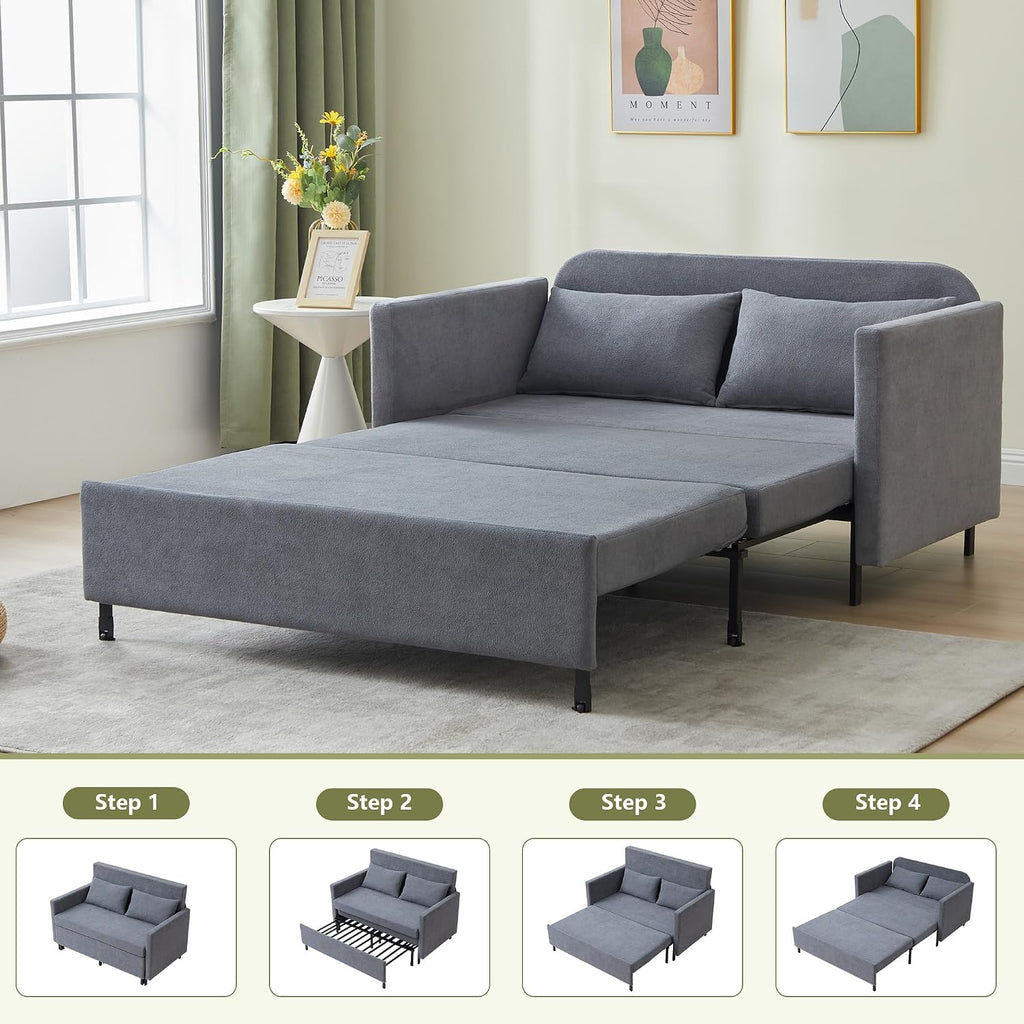 3-in-1 Sleeper Sofa Bed, 51'' Convertible Folding Couch with Pullout Bed, Chenille Futon Sleeper Sofa with Side Table and 2 Pillows, Modern Loveseat Couch for Living Room, Bedroom, Home Office (Grey)