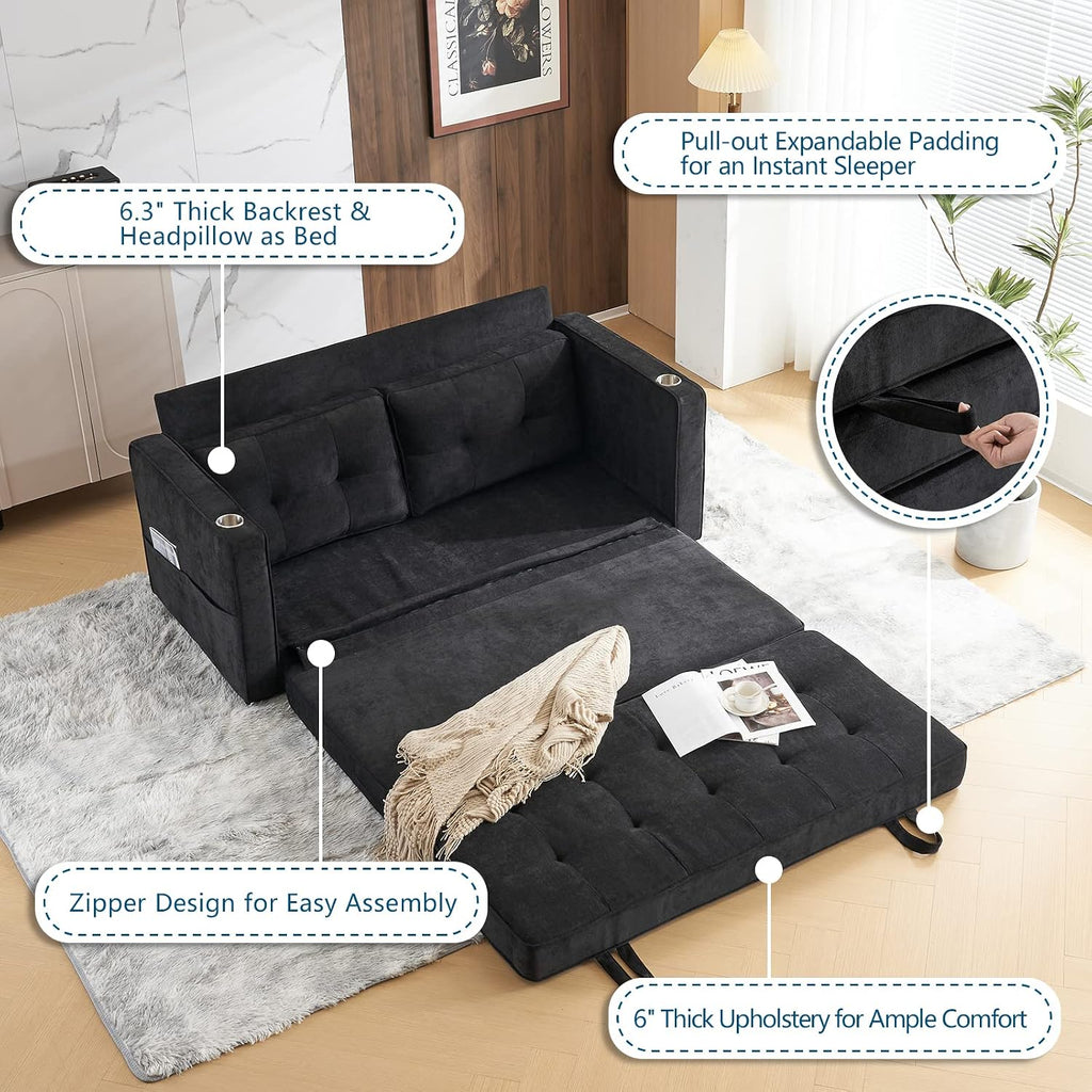 VINGLI Upgraded 64' W 84' L Full Size Futon Sofa Bed, 6' Thick Upholstery Chenille Loveseat Sofa Sleeper Pull Out Couch,Convertible Floor Couch for Living Room, Bedroom, Entertainment Room, Black