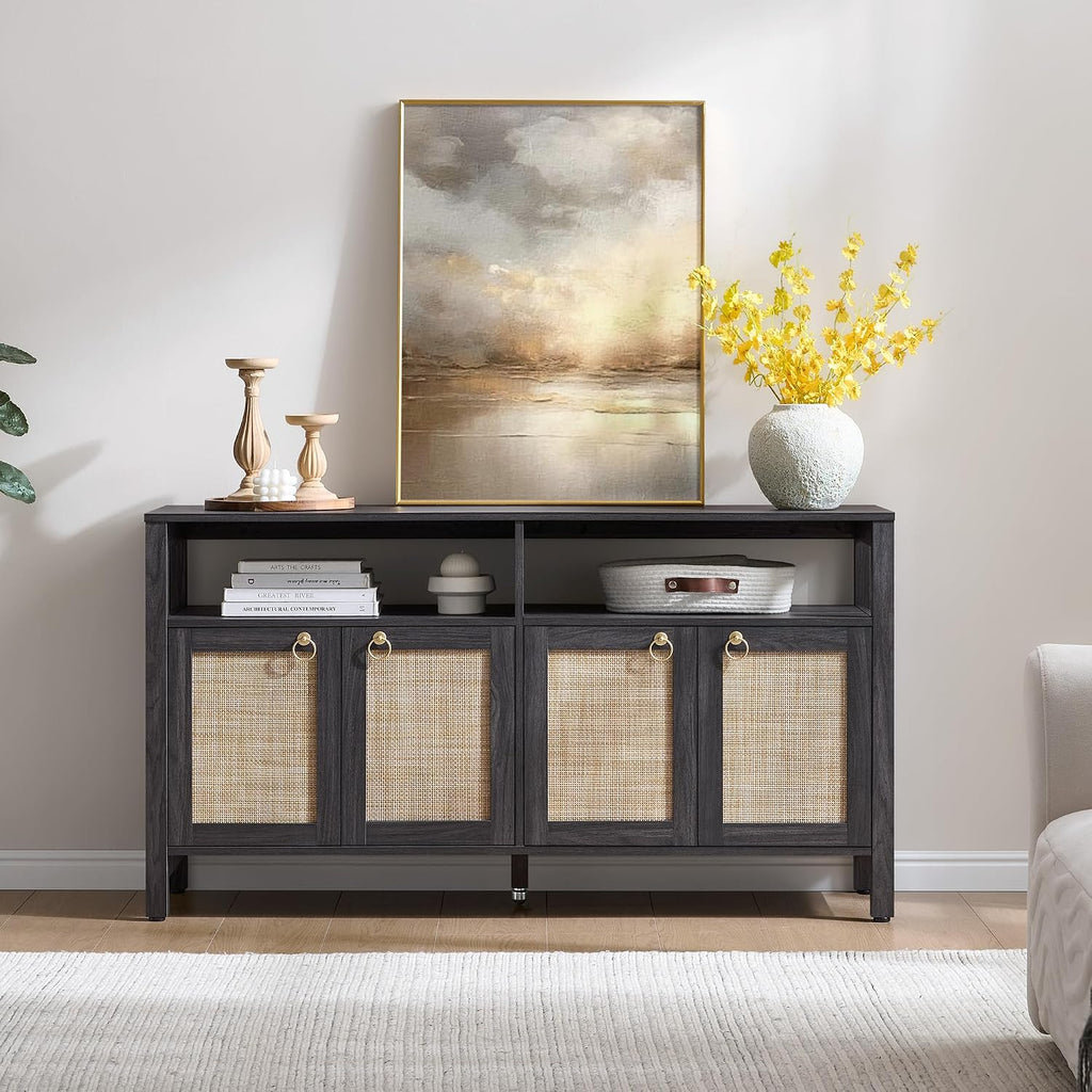 SICOTAS Rattan TV Stand for Television up to 65 Inch - 29.5' Tall Entertainment Center with Storage and Open Shelves,Boho Credenza TV Console Cabinet with 4-Doors and Adjustable Shelf for Living Room