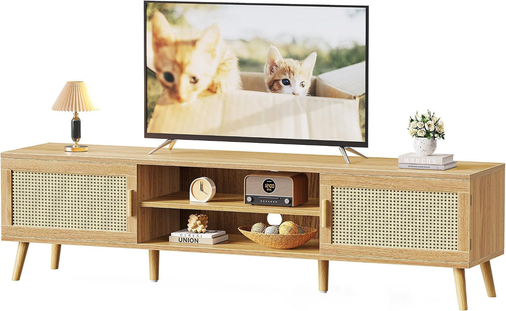 SUPERJARE 70.9 Inch Boho TV Stand for 75 Inch TV, Entertainment Center with Adjustable Shelf, Rattan TV Console with 2 Cabinets, Media Console, Solid Wood Feet, 4 Cord Holes, for Living Room, Natural
