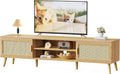 SUPERJARE 70.9 Inch Boho TV Stand for 75 Inch TV, Entertainment Center with Adjustable Shelf, Rattan TV Console with 2 Cabinets, Media Console, Solid Wood Feet, 4 Cord Holes, for Living Room, Natural