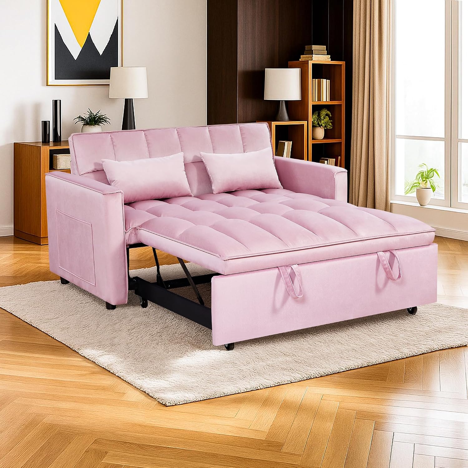 54' Sleeper Sofa Bed, Velvet Futon Sofa Bed with Adjustable Backrest, 3-in-1 Convertible Pull-Out Sleeper Sofa Couch with Armrest and Side Pockets for Small Spaces, Living Room (Pink)