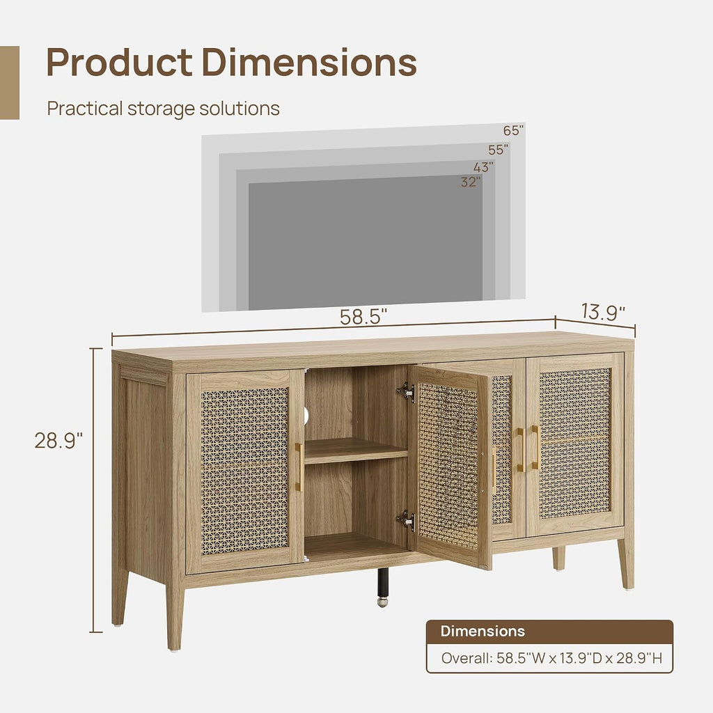 SICOTAS TV Stands for Living Room - Modern TV Console with 4 Doors Cabinet, 59' Television Stands Farmhouse Entertainment Center Media Console Credenza for 45 50 55 60 65 Inch TVs, Light Walnut