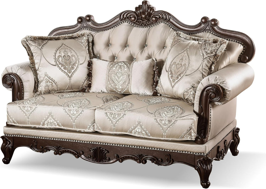 Furniture of America Adelaide Traditional Upholstered Sofa with Rolled Armrests and Button Tufted Back, Wooden Comfortable Couch for Living Room, Office, Bedroom, 2-Seater Loveseat, Dark Cherry/Beige