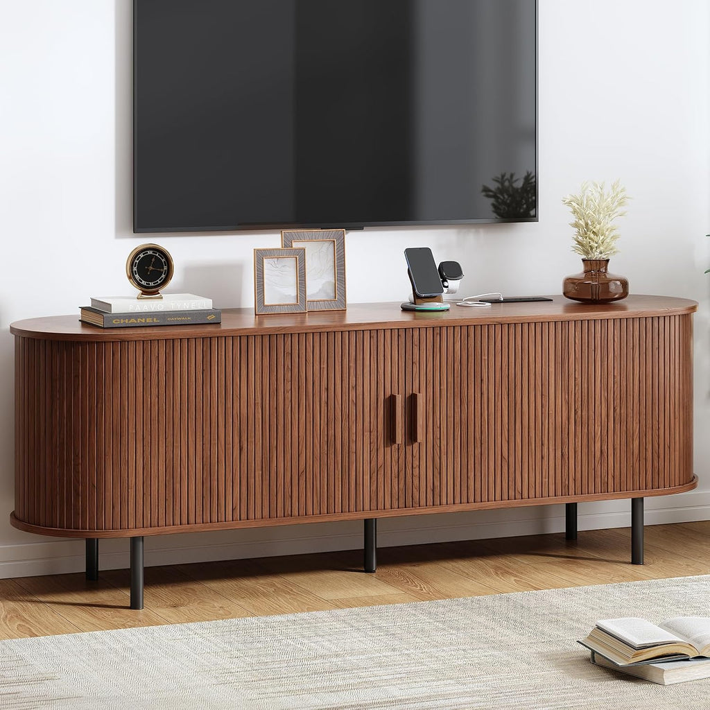 63' Fluted TV Stand with Power Outlet, Modern Media Console with Sliding Doors, Entertainment Center for TVs up to 60 Inch, Adjustable Shelves, Walnut