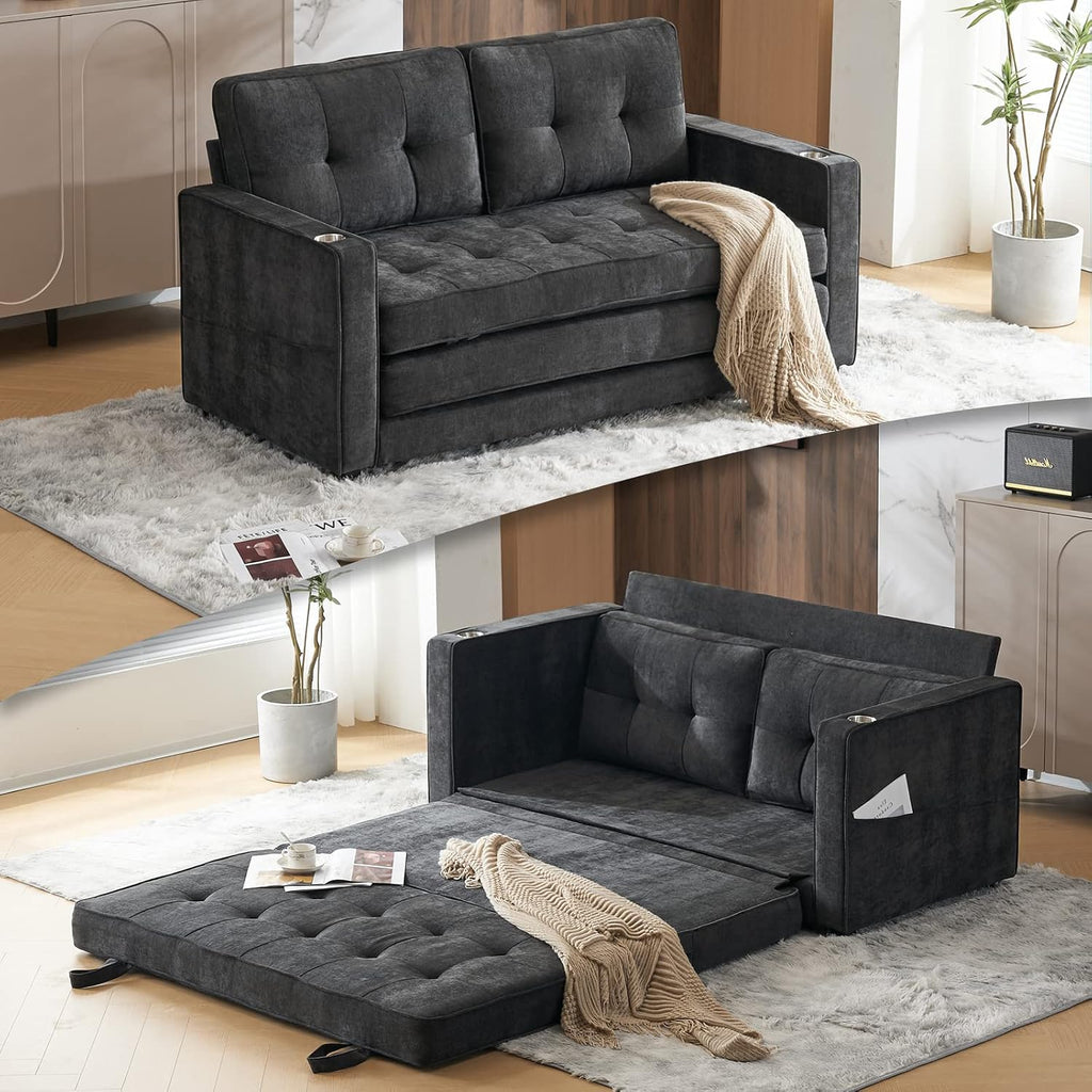 VINGLI Upgraded 64' W 84' L Full Size Futon Sofa Bed, 6' Thick Upholstery Chenille Loveseat Sofa Sleeper Pull Out Couch,Convertible Floor Couch for Living Room, Bedroom, Entertainment Room, Dark Grey