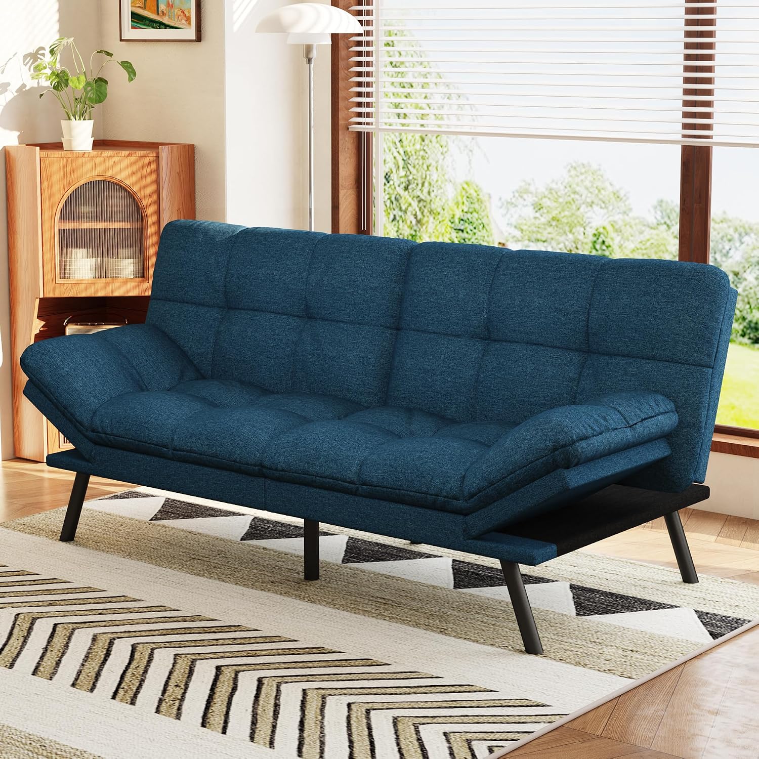 Opoiar Convertible Futon Sofa Bed,71' Memory Foam Futon Couch,Detachable Cushion,Adjustable Backrest & Armrest,Linen Modern Loveseat Sleeper Recliner for Living Room,Office,Apartment,Retro Blue
