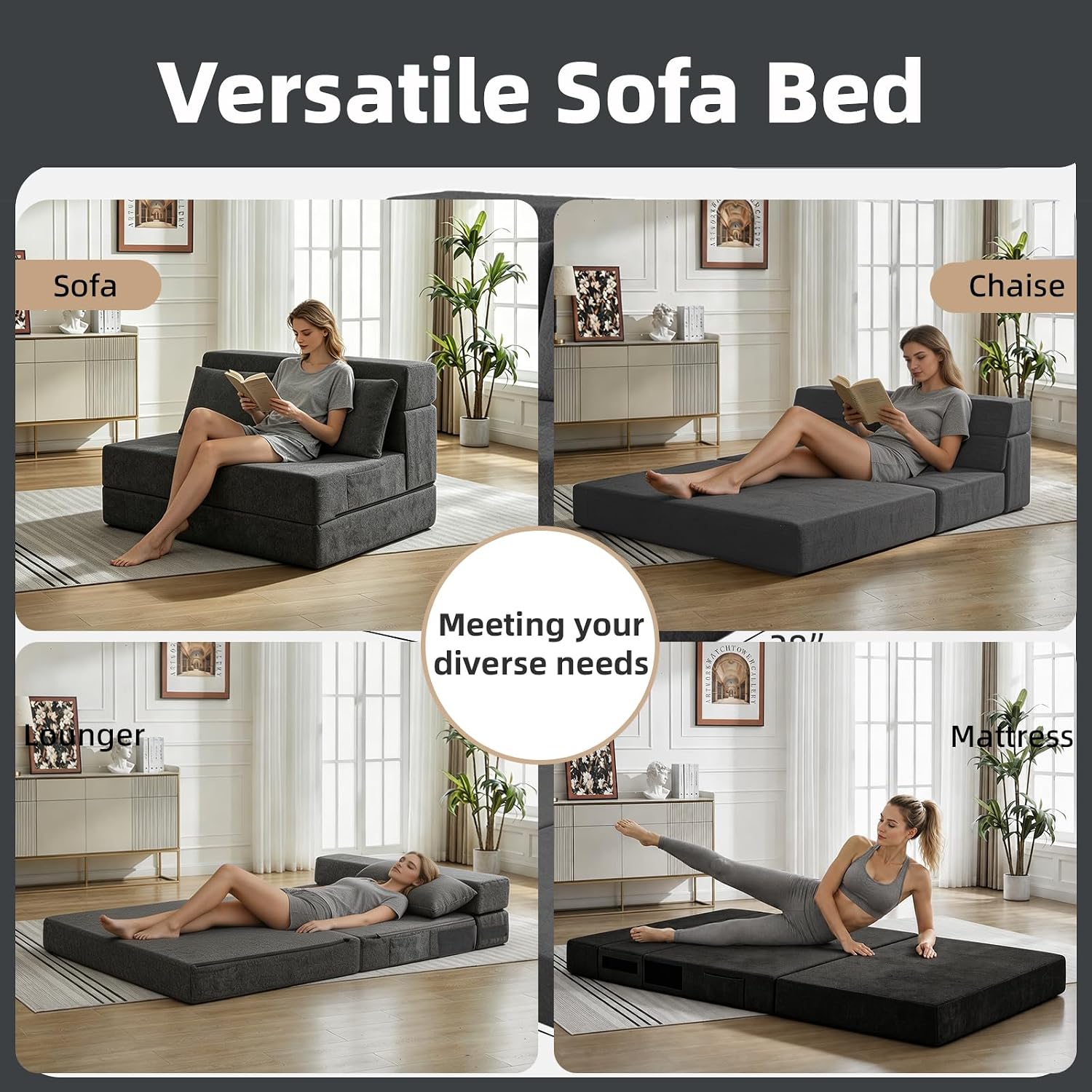 Folding Sofa Bed, Convertible Sleeper Chair with Pillow, Loveseat Fold Out Chair Bed, Memory Foam Floor Couch Mattress, Foldable Futon Couch Lounge for Living Room Guest Room (Grey, Twin)