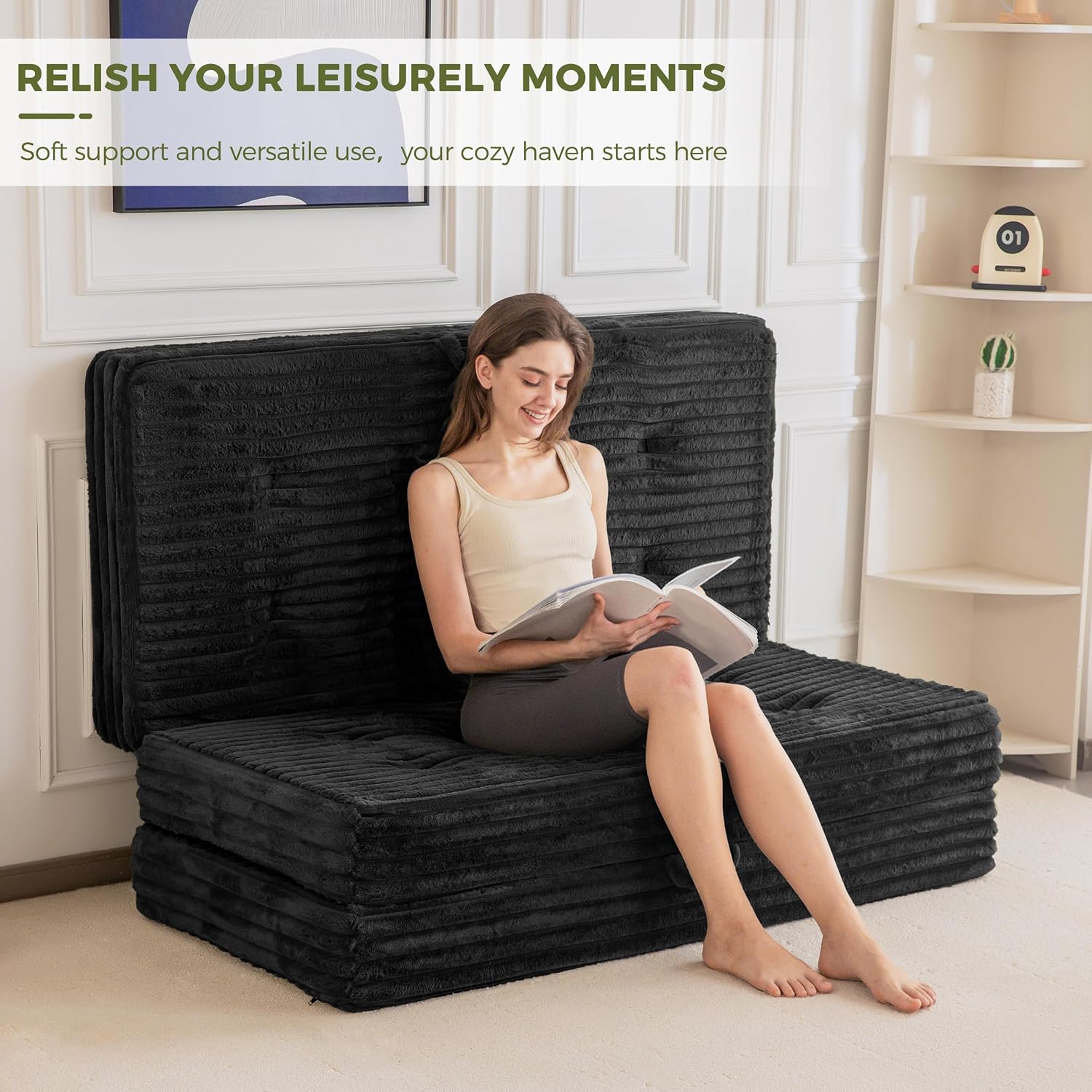 MAXYOYO Folding Sofa Couch Bed, 6 Inch Tri-Fold Floor Sofa Bed, Folding Mattress with Handles, Soft Faux Fur Folding Bed with Supportive Foam Filling, Portable Couch for Living Room, Queen, Black