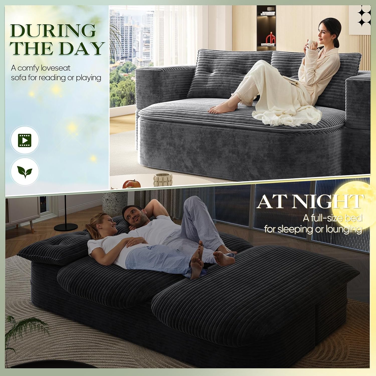 Convertible Sleeper Sofa, Modern 78-inch Folding Futon Corduroy Floor Foam Compression Loveseat Sofa Bed Couch, Foldable Full Size Guest Bed with 2 Pillows for Living Room Bedroom Apartment, Dark Grey