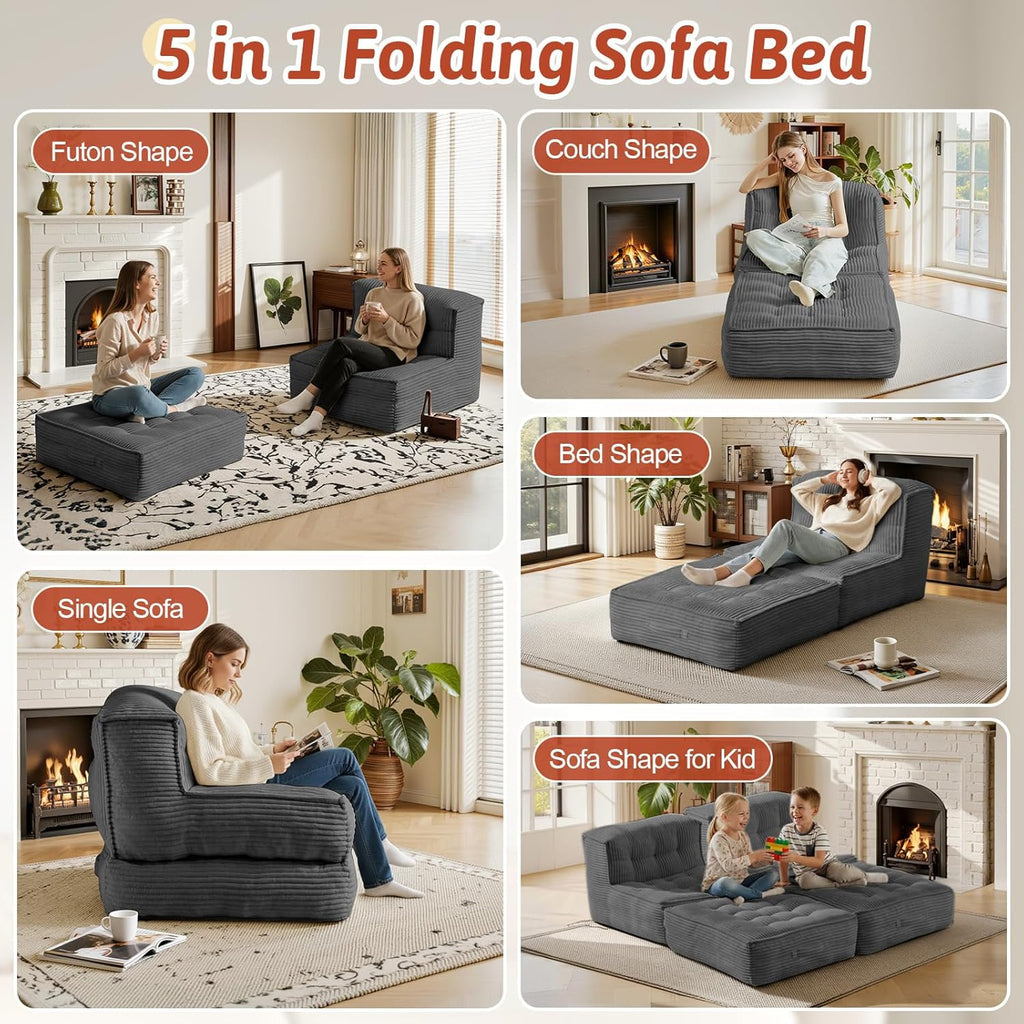 5-in-1 Convertible Folding Sofa Bed, Frameless Convertible Couch with Handles & Non-Slip Base, Premium Corduroy Floor Sofa with High-Density Shredded Foam for Living Room Apartment Dorm Home Theater