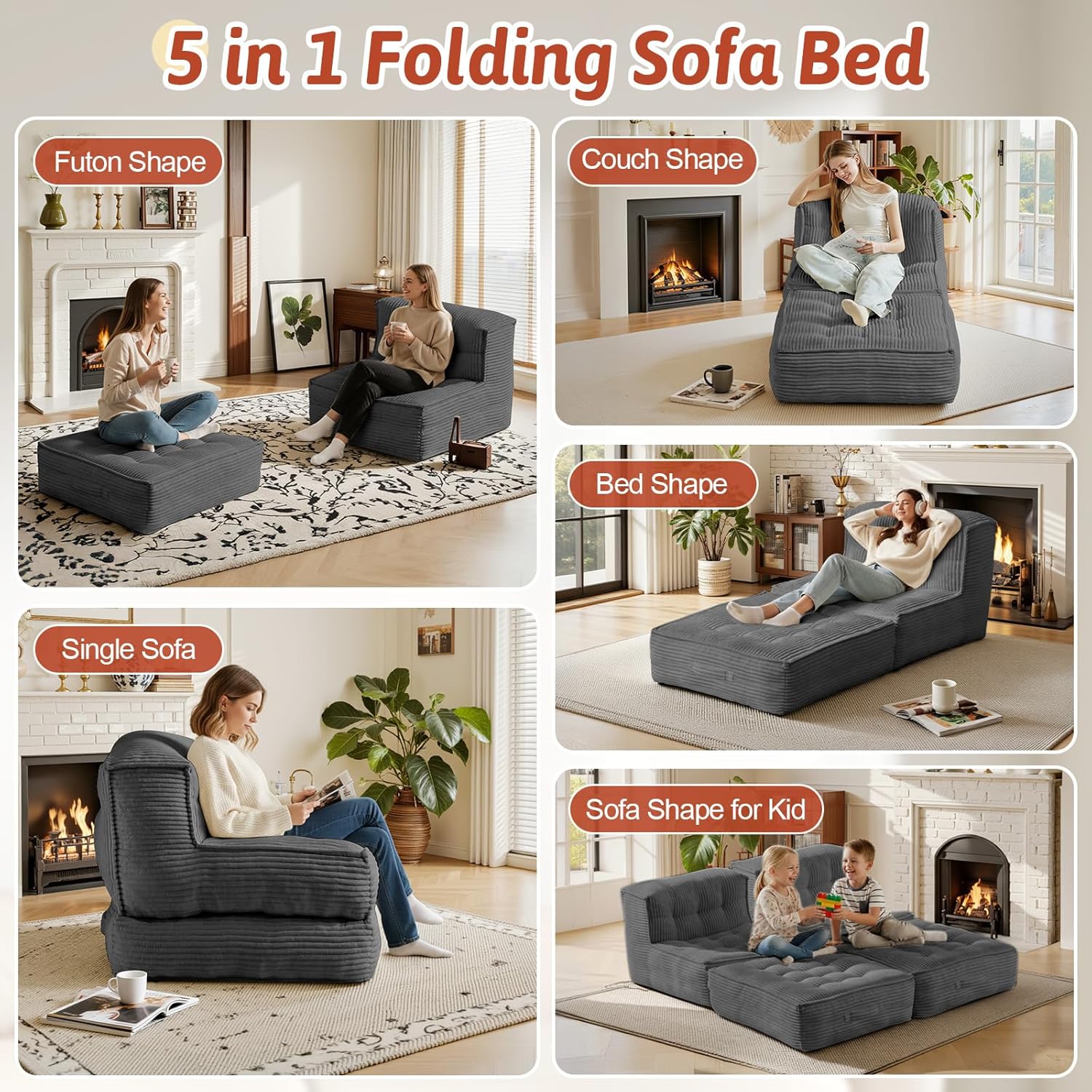 5-in-1 Convertible Folding Sofa Bed, Frameless Convertible Couch with Handles & Non-Slip Base, Premium Corduroy Floor Sofa with High-Density Shredded Foam for Living Room Apartment Dorm Home Theater