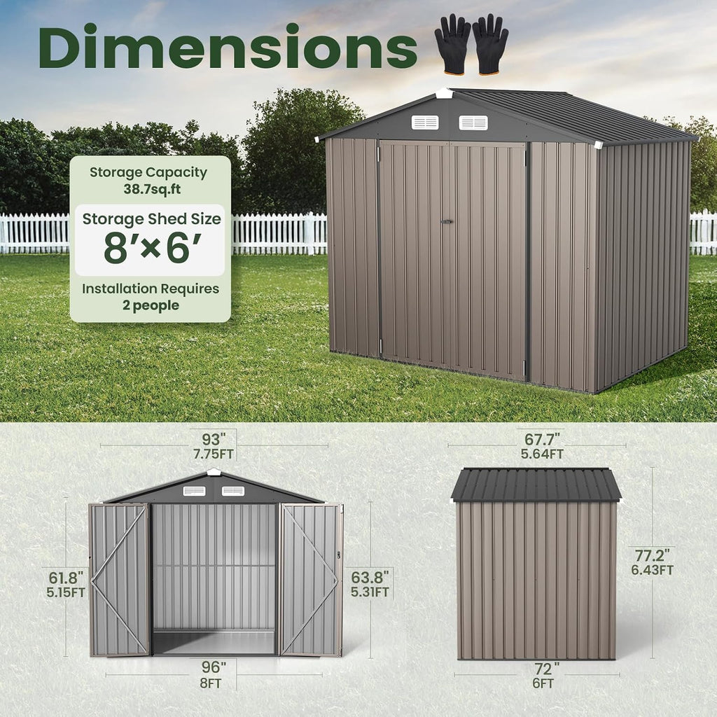 GVDV 8x6 FT Full Size Outdoor Metal Storage Shed with Floor, Durable Garden Shed with Reinforced Sidewall Girts & Updated Frame Structure, All-Weather Shelter for Backyard, Patio, Tool, Bike Storage