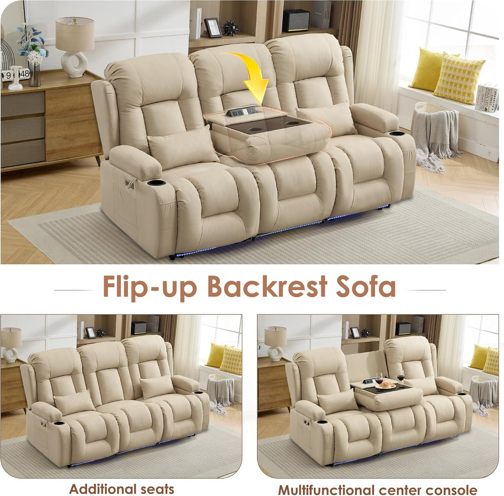 TUNYI Power Loveseat Recliner Sofa with Massage & Heat Home Theater Seating with Console RV Recliner Loveseat Sofa with USB/Storage/Side Pocket/LED Light/Speaker (Beige, 3 Seat)