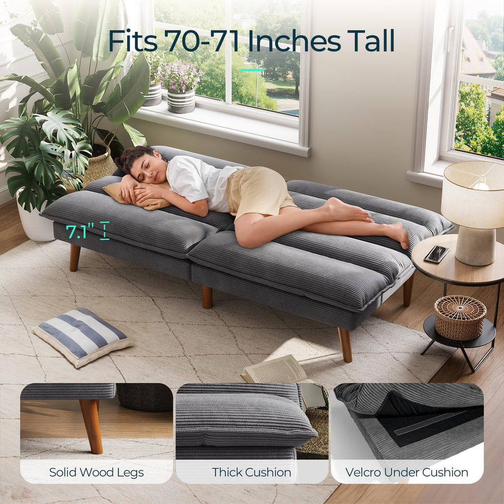 LINSY Futon Sofa Bed Couch Corduroy Futon with Adjustable Backrest Comfy Loveseat Convertible Folding Sleeper Sofa Couches for Small Spaces Living Room Apartment Office (Dark Grey)