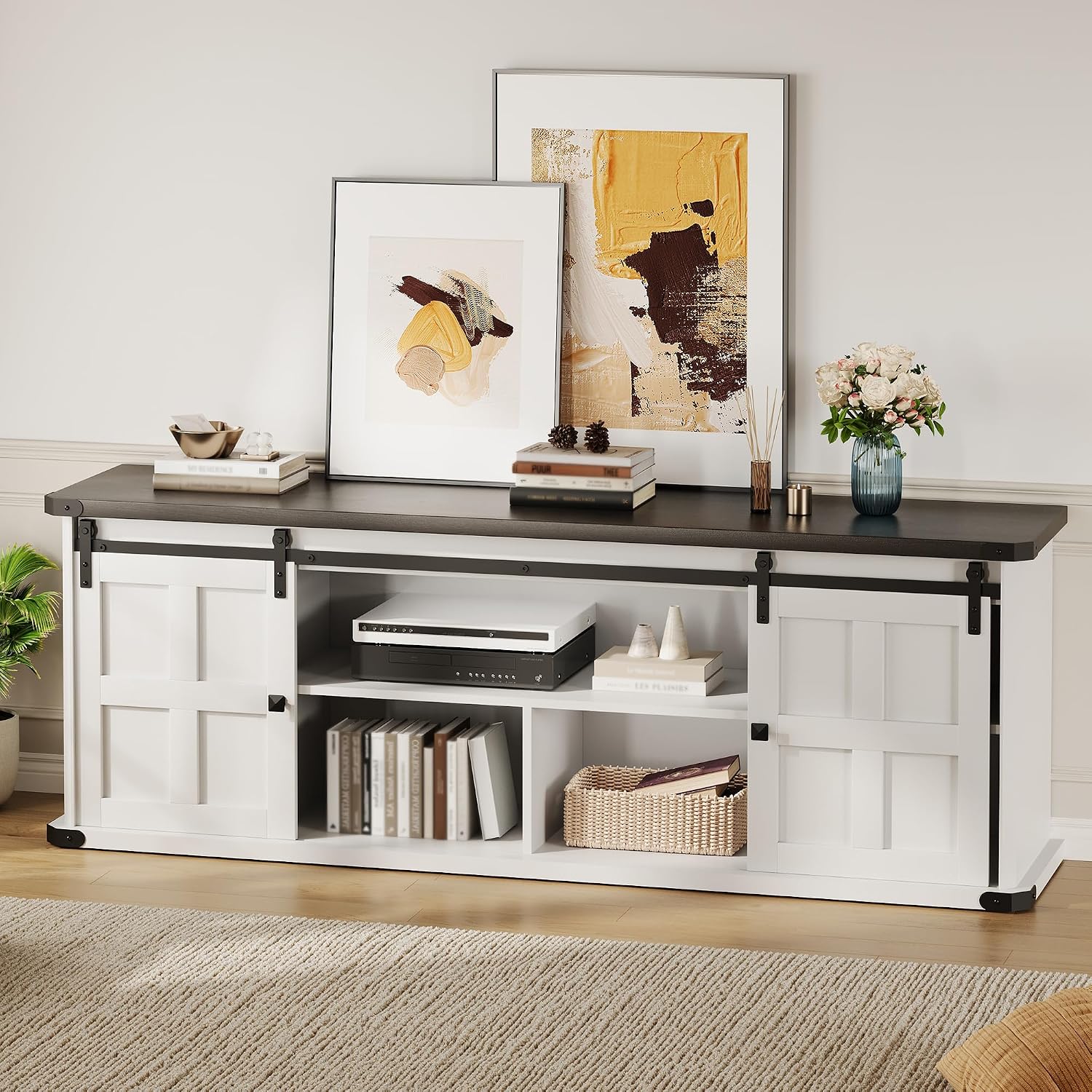 70 in TV Stand for 75 in TVs, Farmhouse Entertainment Center and Media Furniture with Sliding Barn Doors & Storage Cabinets, Mid Century Modern TV Console Table for Living Room Bedroom (white+black)