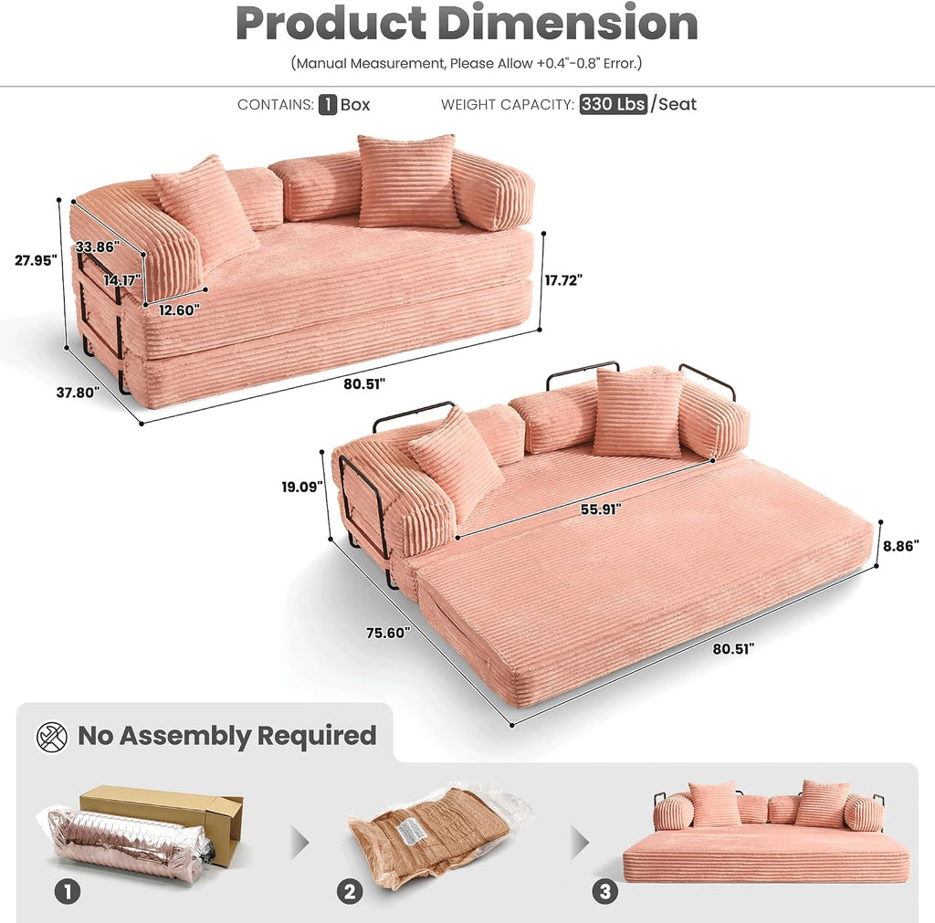 ovios 81' Folding Sofa Bed, Foldable Sleeper Boneless Couch with Pull Out Beds, Modular Convertible Floor Futon Loveseat Lounger for Living Room (Faux Fur, Pink)