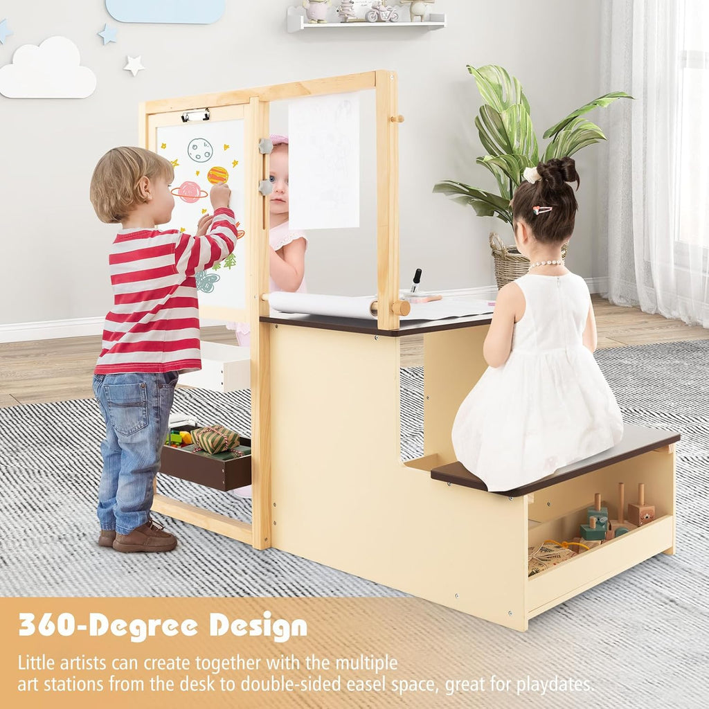 HONEY JOY Kids Art Easel, 6-in-1 Wooden Double-Sided Toddler Table & Chair Set w/Adjustable Magnetic White Board & Chalkboard, Paper Roll, Bookshelf, Storage, Kids Art Table and Chair (Coffee)