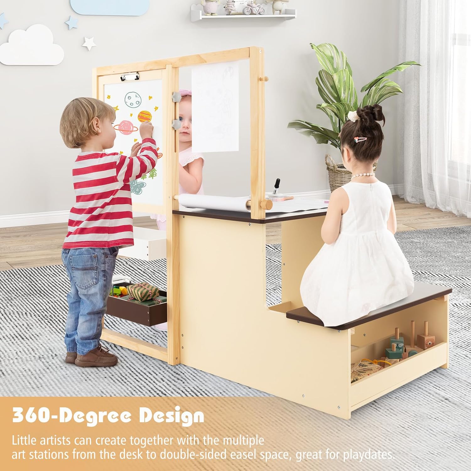 HONEY JOY Kids Art Easel, 6-in-1 Wooden Double-Sided Toddler Table & Chair Set w/Adjustable Magnetic White Board & Chalkboard, Paper Roll, Bookshelf, Storage, Kids Art Table and Chair (Coffee)