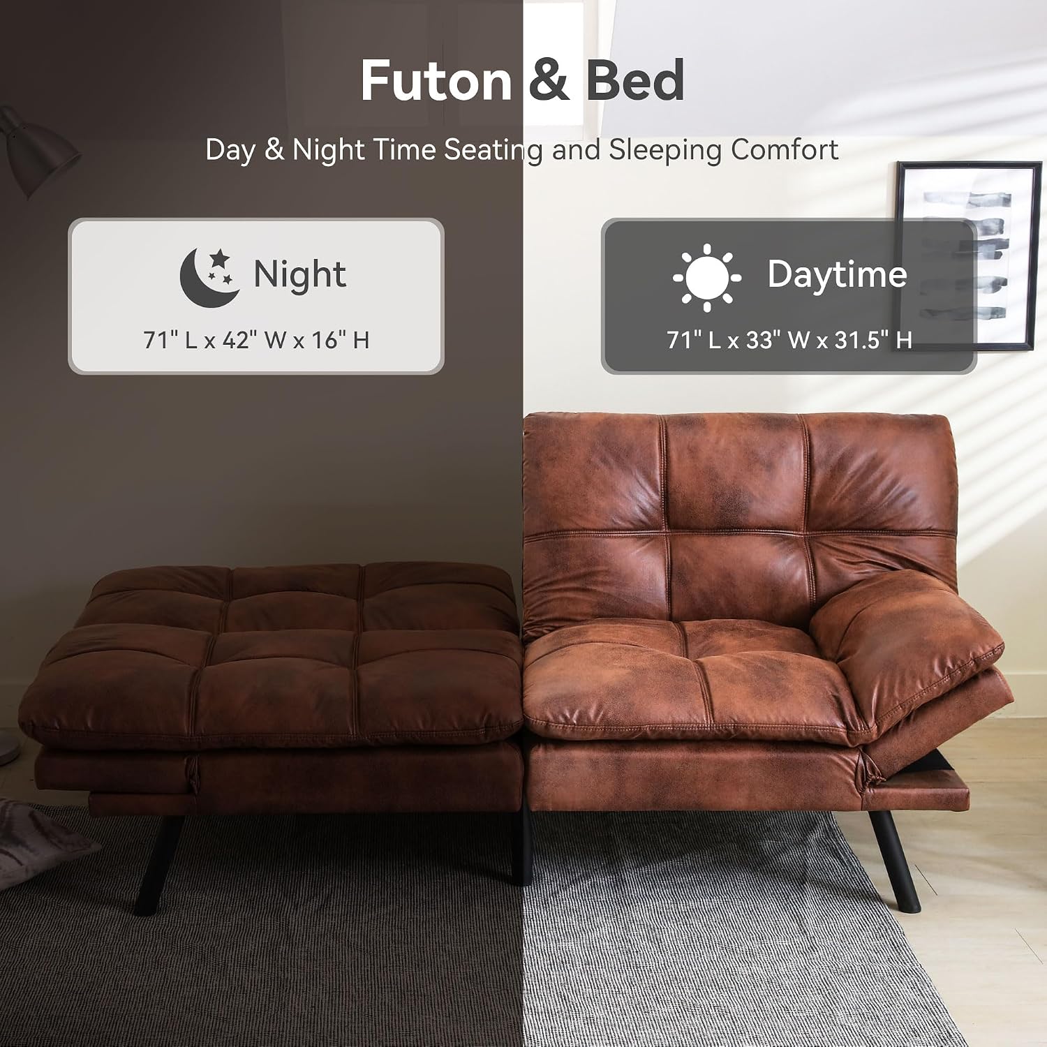 Convertible Futon Sofa Bed,71' Modern Premium Faux Leather Futon Couch with Adjustable Backrest&Armrest,Small Loveseat Sleeper Sofa,Dorm Futonsofa for Apartment,Living Room,Whisky Brown
