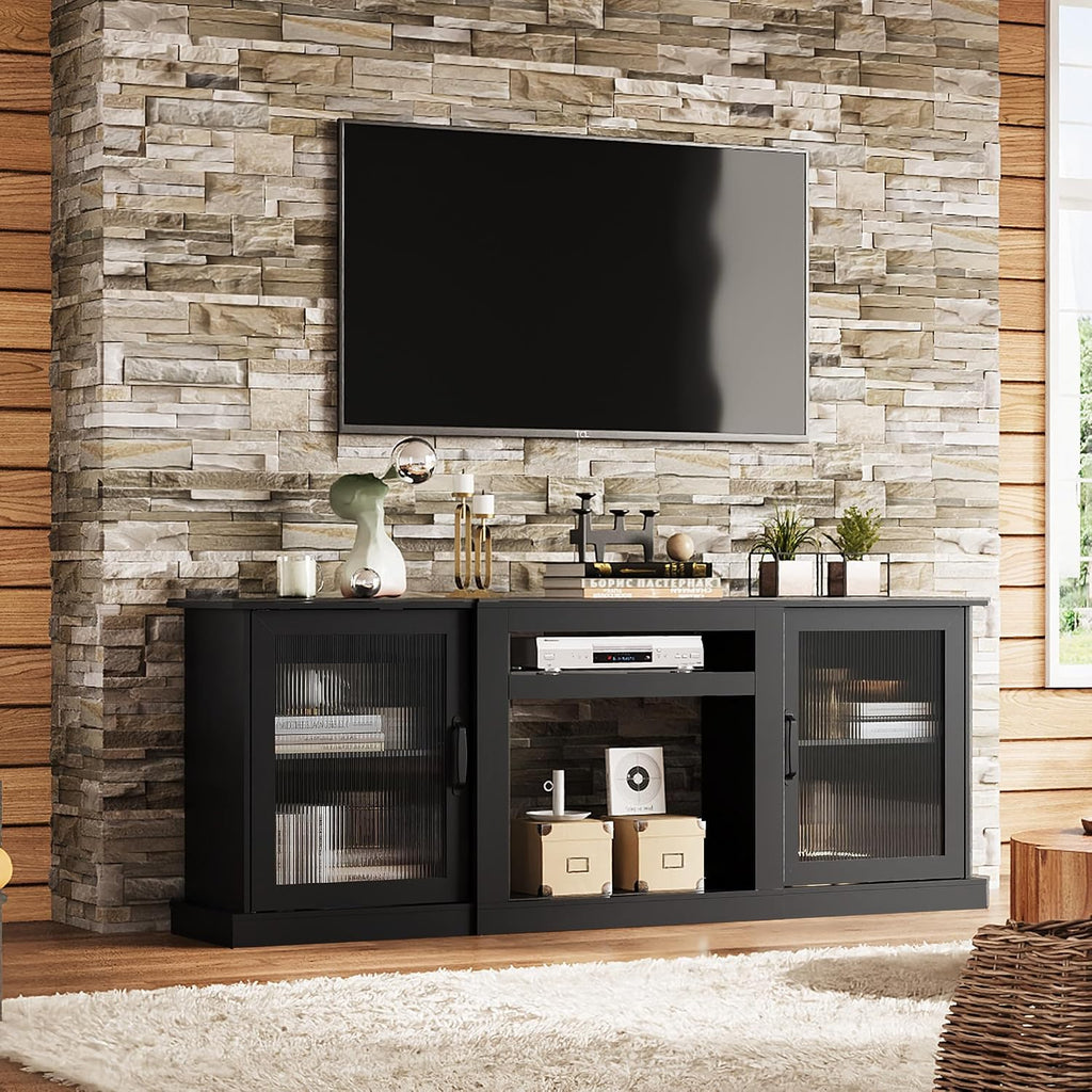 WLIVE Farmhouse TV Stand for 75 inch TV, Entertainment Center with Storage Cabinets, Mid Century Modern TV Console for Living Room, Bedroom, Black