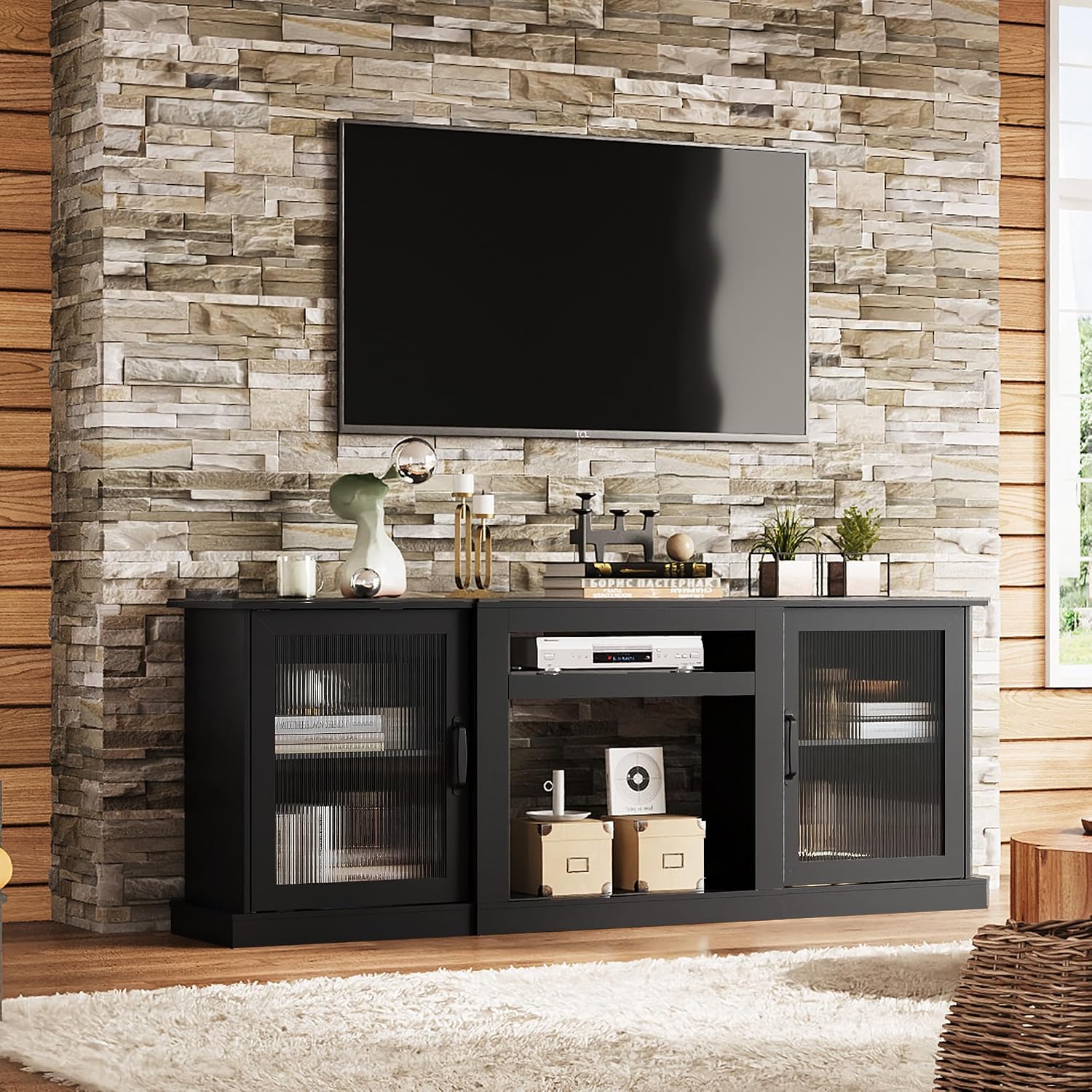 WLIVE Farmhouse TV Stand for 75 inch TV, Entertainment Center with Storage Cabinets, Mid Century Modern TV Console for Living Room, Bedroom, Black
