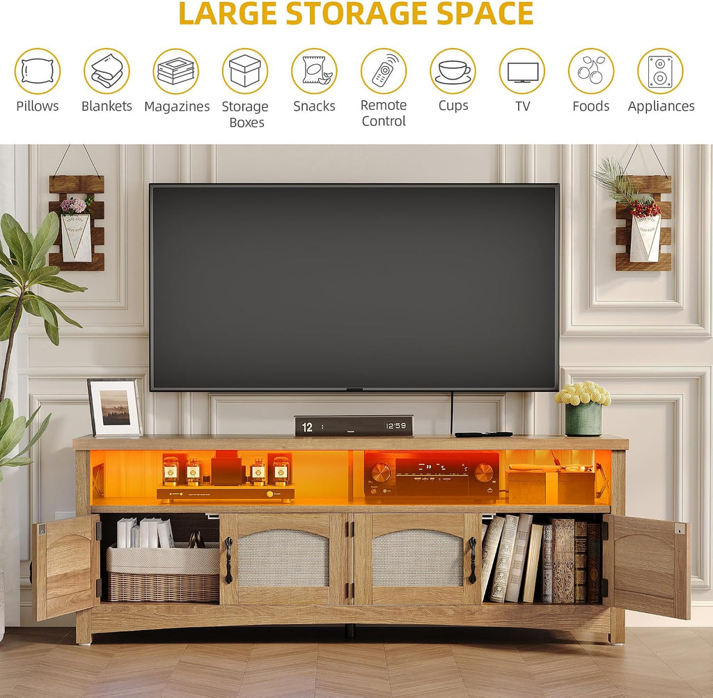 DWVO Farmhouse TV Stand for 65 inch TVs, LED Entertainment Center with Storage, TV Console with Power Outlets, Wooden Bar Coffee TV Table with Shelves for Living Room (Oak)