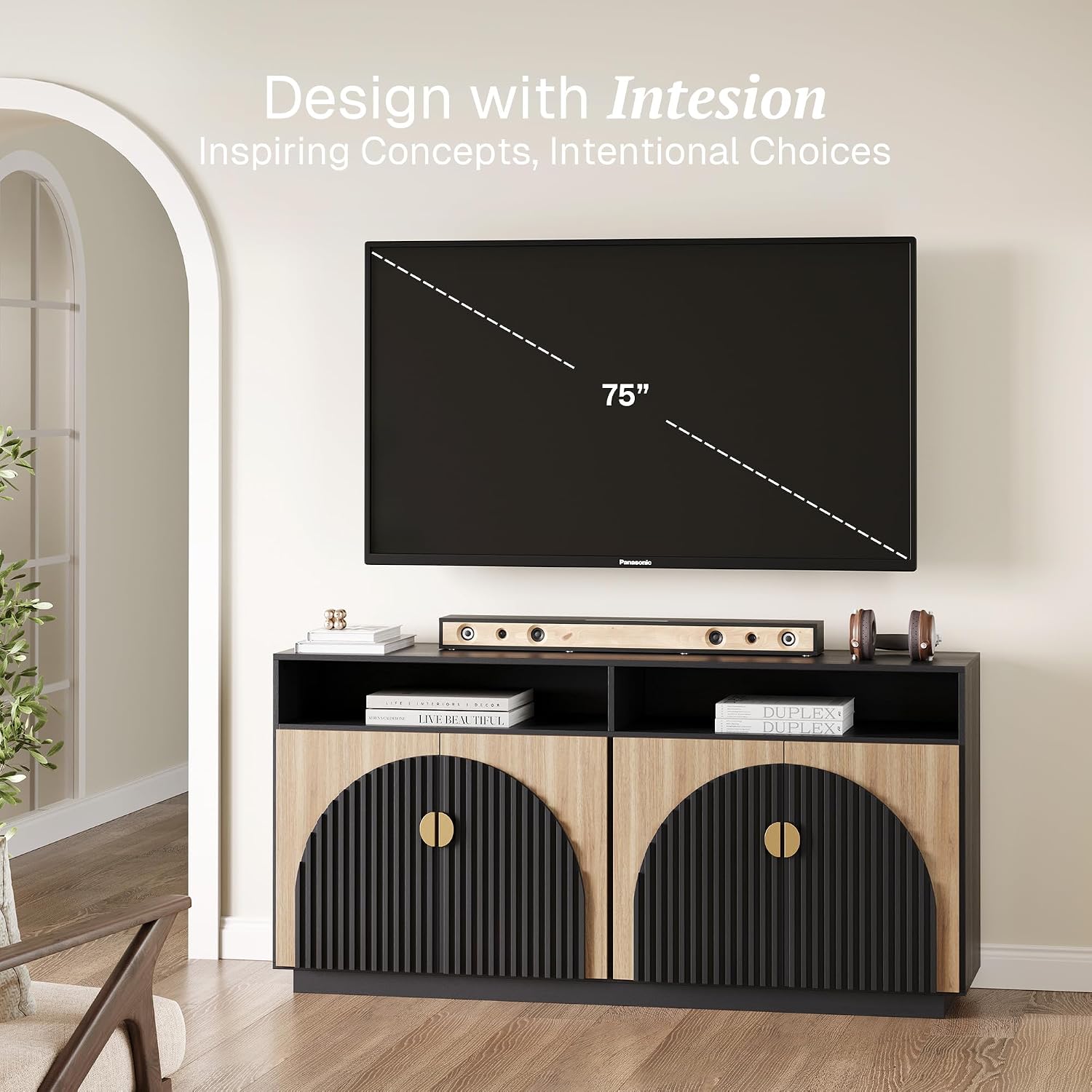 BELLEZE 65 Inch Fluted TV Stand, Mid Century Modern Entertainment Center with Storage Cabinets & Open Shelves, Media Console TV Cabinet with Adjustable Shelves for Living Room, Camel