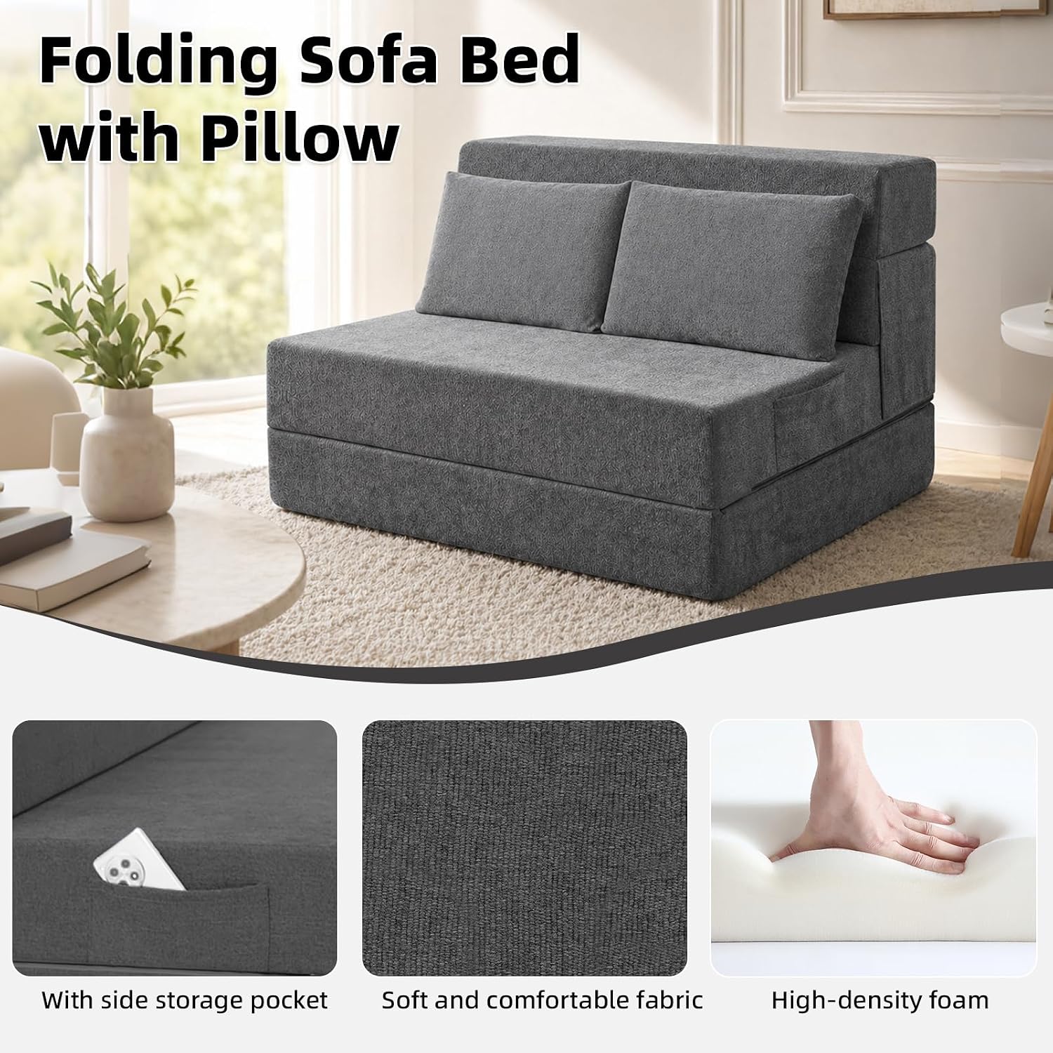 Folding Sofa Bed, Convertible Sleeper Chair with Pillow, Loveseat Fold Out Chair Bed, Memory Foam Floor Couch Mattress, Foldable Futon Couch Lounge for Living Room Guest Room (Grey, Twin XL)