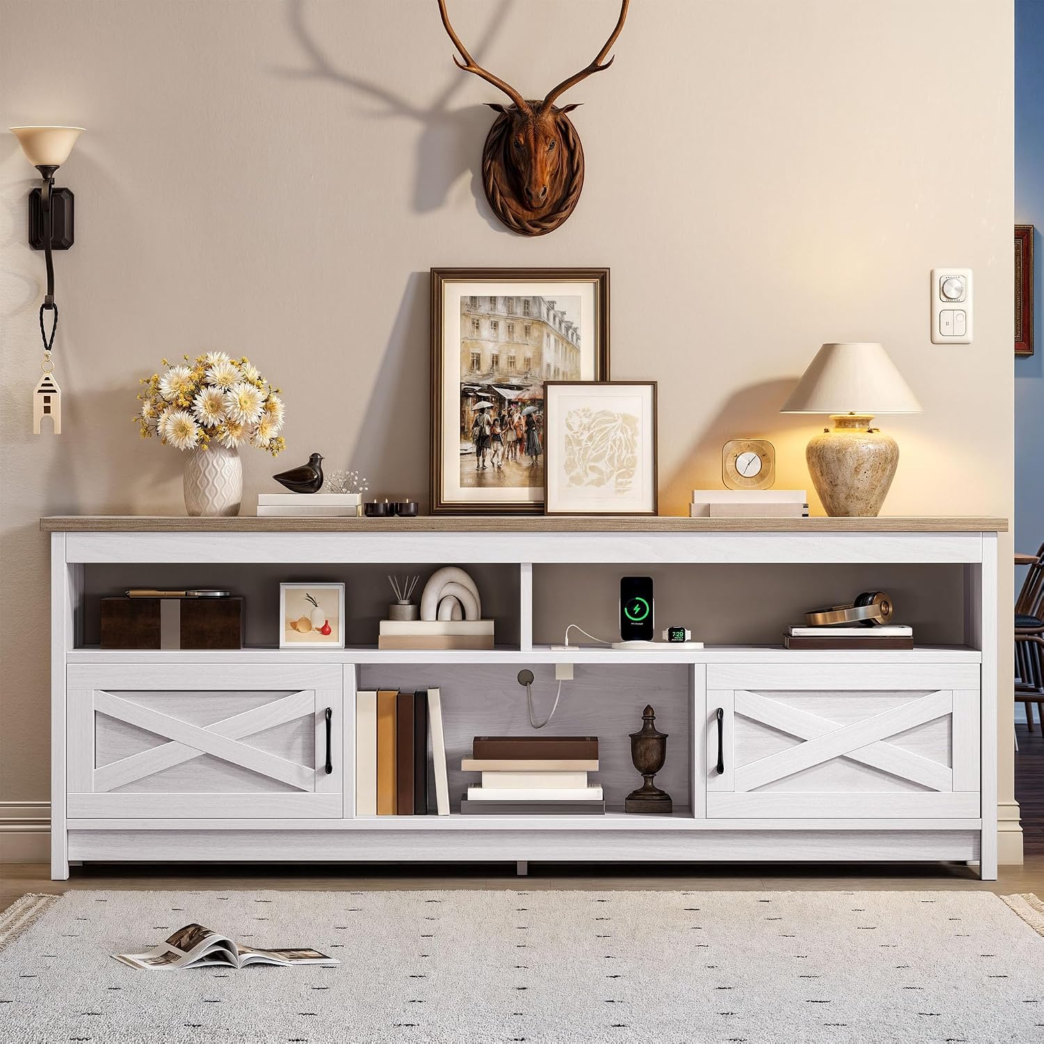 YITAHOME Farmhouse TV Stand for 65/75 Inch Television, Entertainment Center Television Stand with Power Outlets and Open Shelf, Media Console TV Cabinet for Living Room, Grey White/Grey Wash