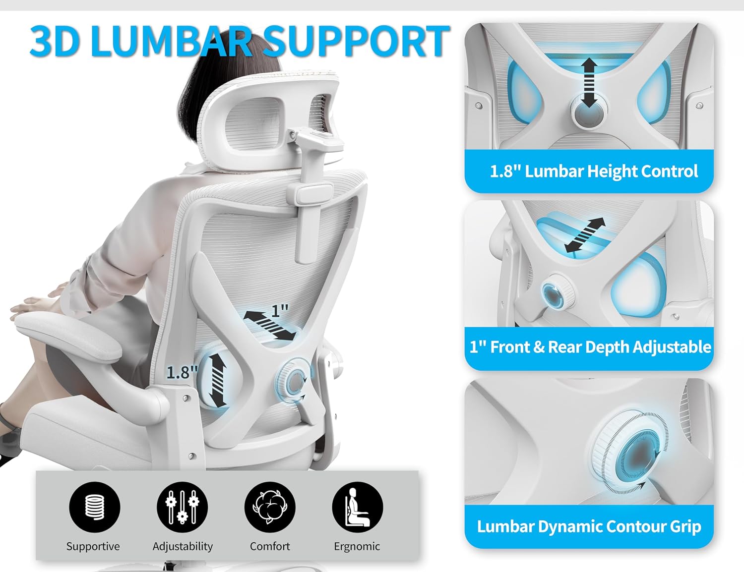 White Ergonomic Office Chair: Mesh Desk Chair Comfy with Adjustable Lumbar Support 400lbs High Back Computer Gaming Chair - Big and Tall Office Chairs with Extra Wide Seat-Adults Home Office