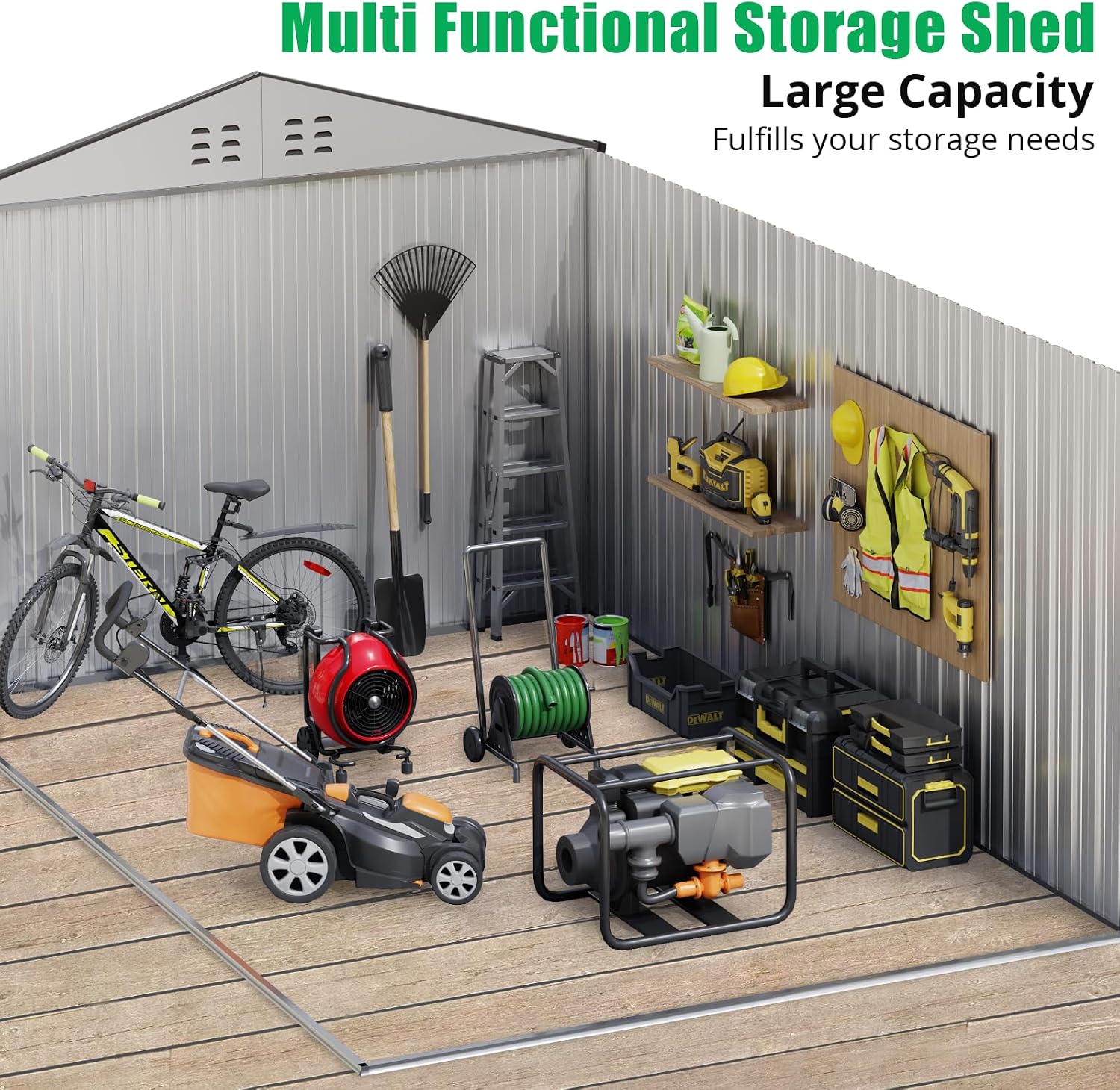 Acekool Outdoor Storage Shed 8x15 Ft & Large Storage Space, Utility Metal Storage Shed with Lockable Sliding Door and Vent, Garden Tool Shed for Organising Tools and Equipment in Yard, Garden, Grey