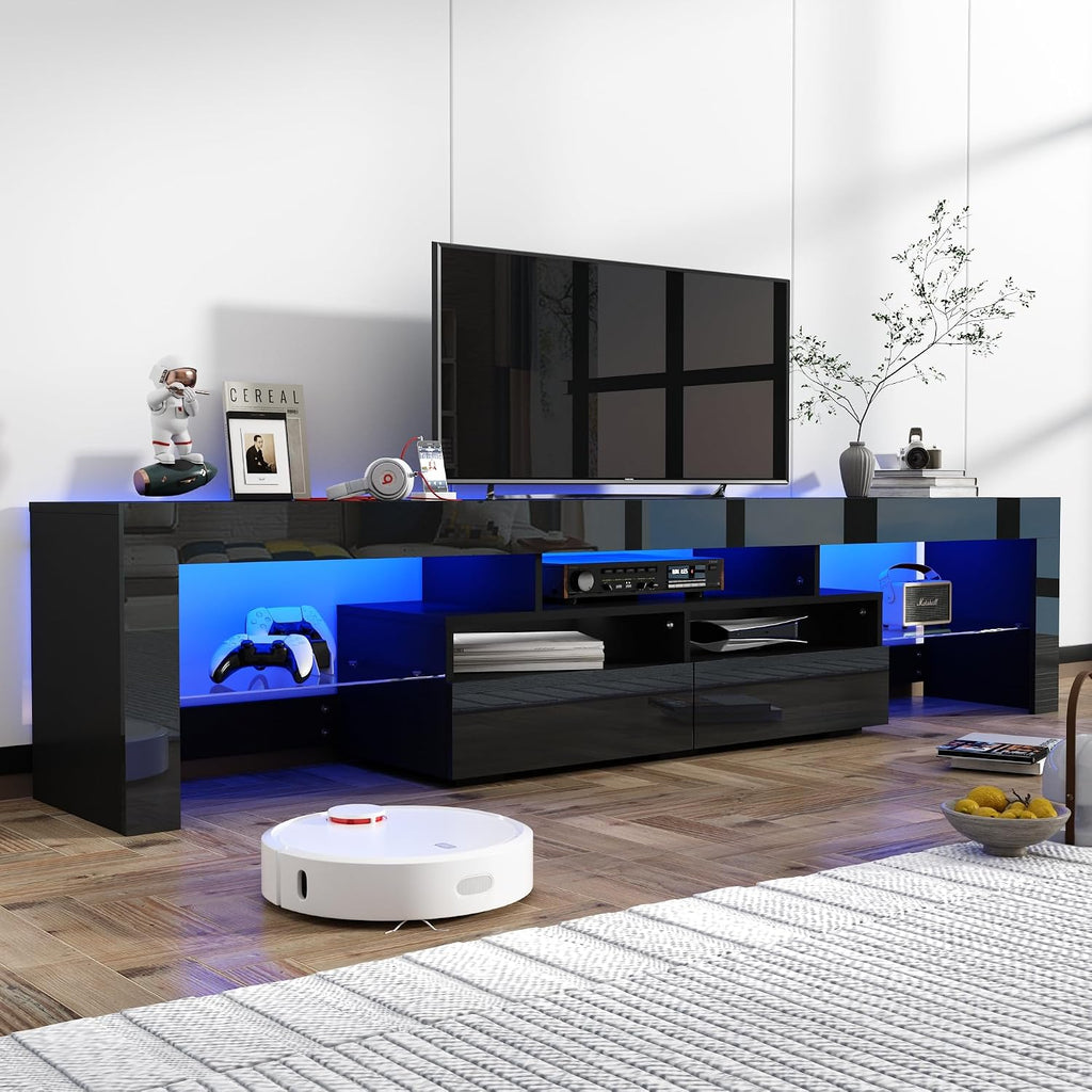 St.Mandyu 86IN LED TV Stand for 90/100 inch TV, High Glossy Modern Entertainment Center with Drawer and Led Lights, Television Table Media Console for Living Game Room Bedroom, Black