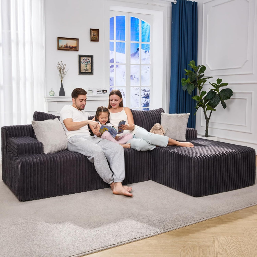 Modular Sectional Sofa Couches L-Shape Couch 3 Seat Modular Sofa Memory Foam Sectional Couches for Living Room, Cloud Couch with Oversized Chaise (Grey Stripe, 98' Right Facing Chaise)